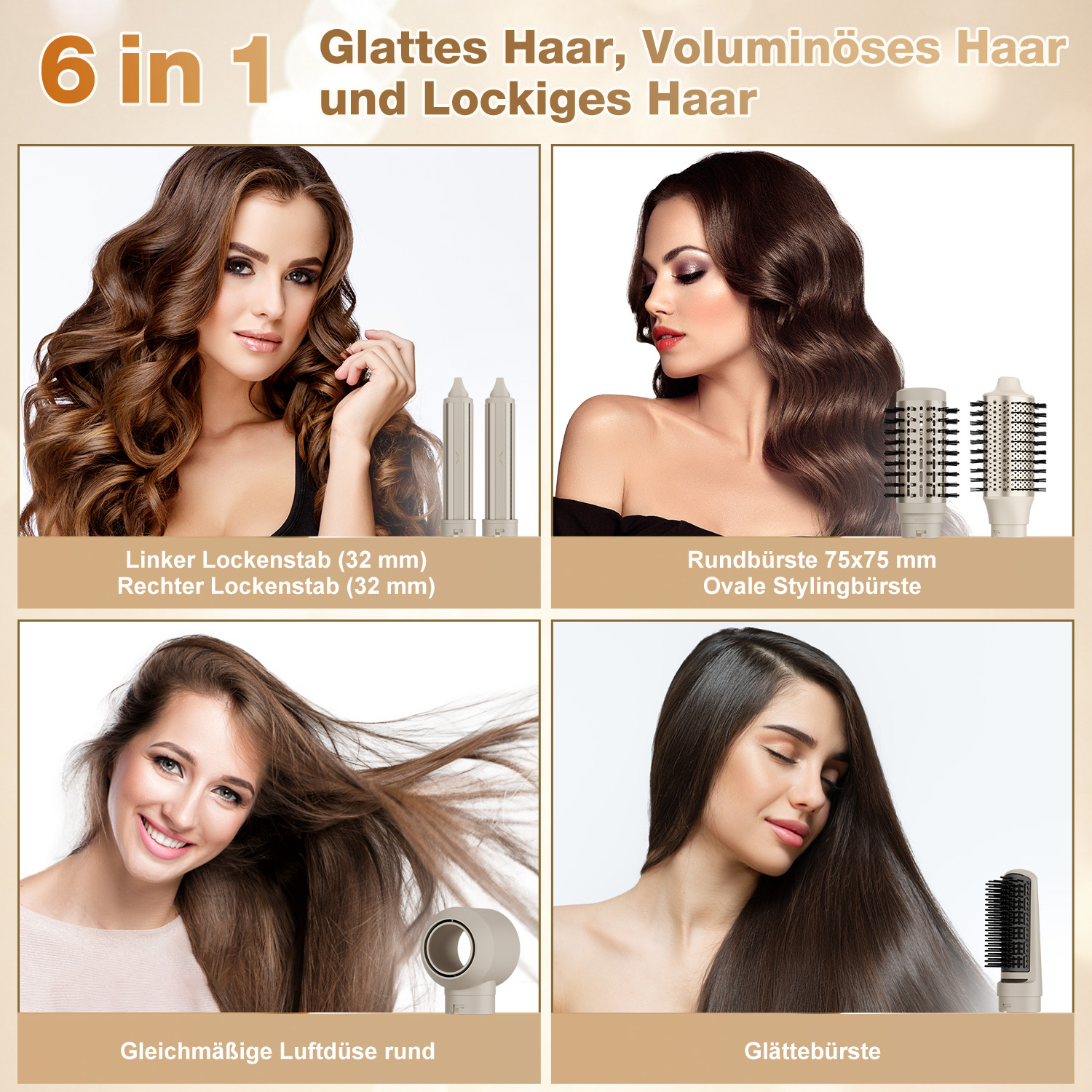 Bilder mit verschiedenen Frisuren. Frauen mit verschiedenen Haarwerkzeugen.