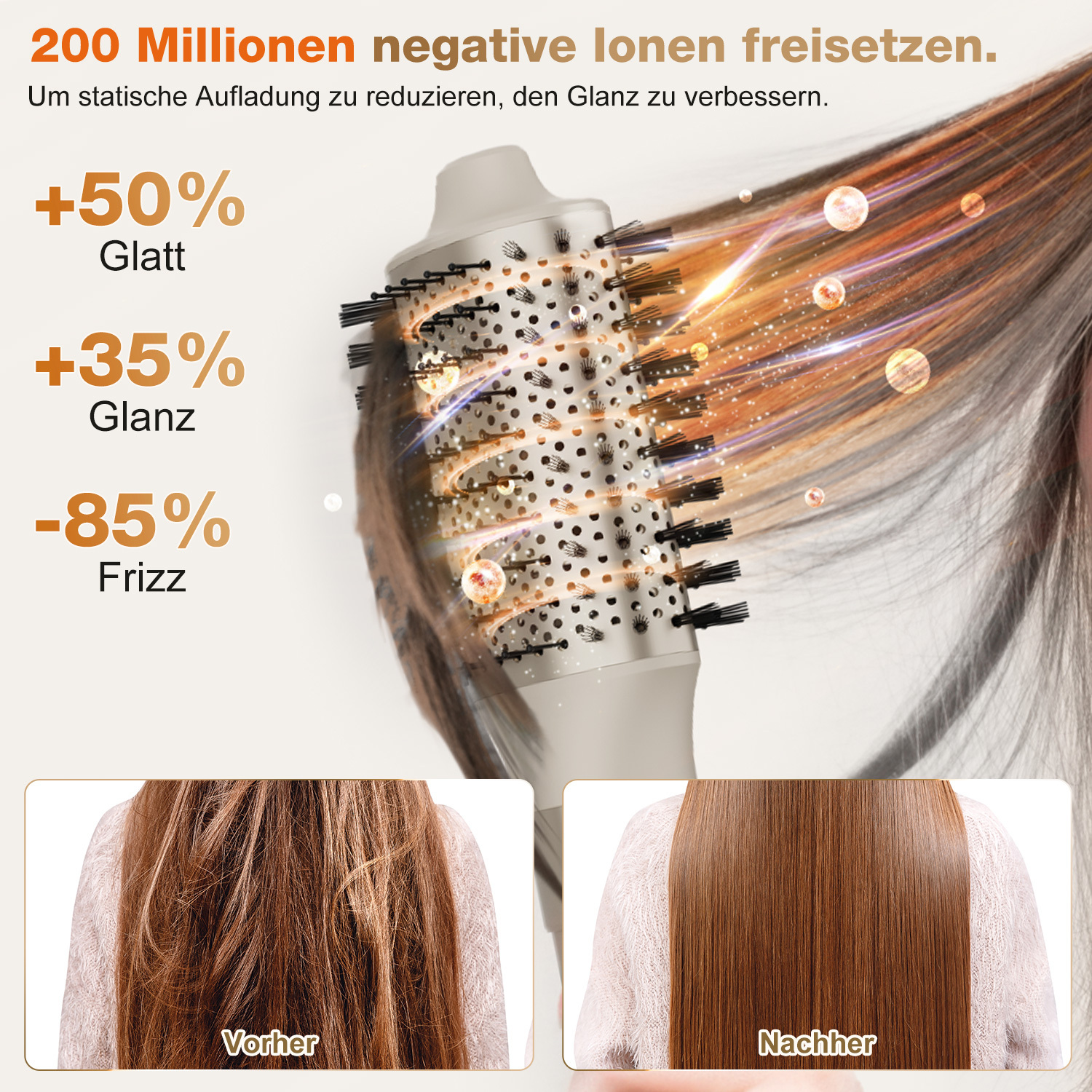 Haarwerkzeug mit Vorher-Nachher-Bildern. Zeigt Frizz-Reduzierung.