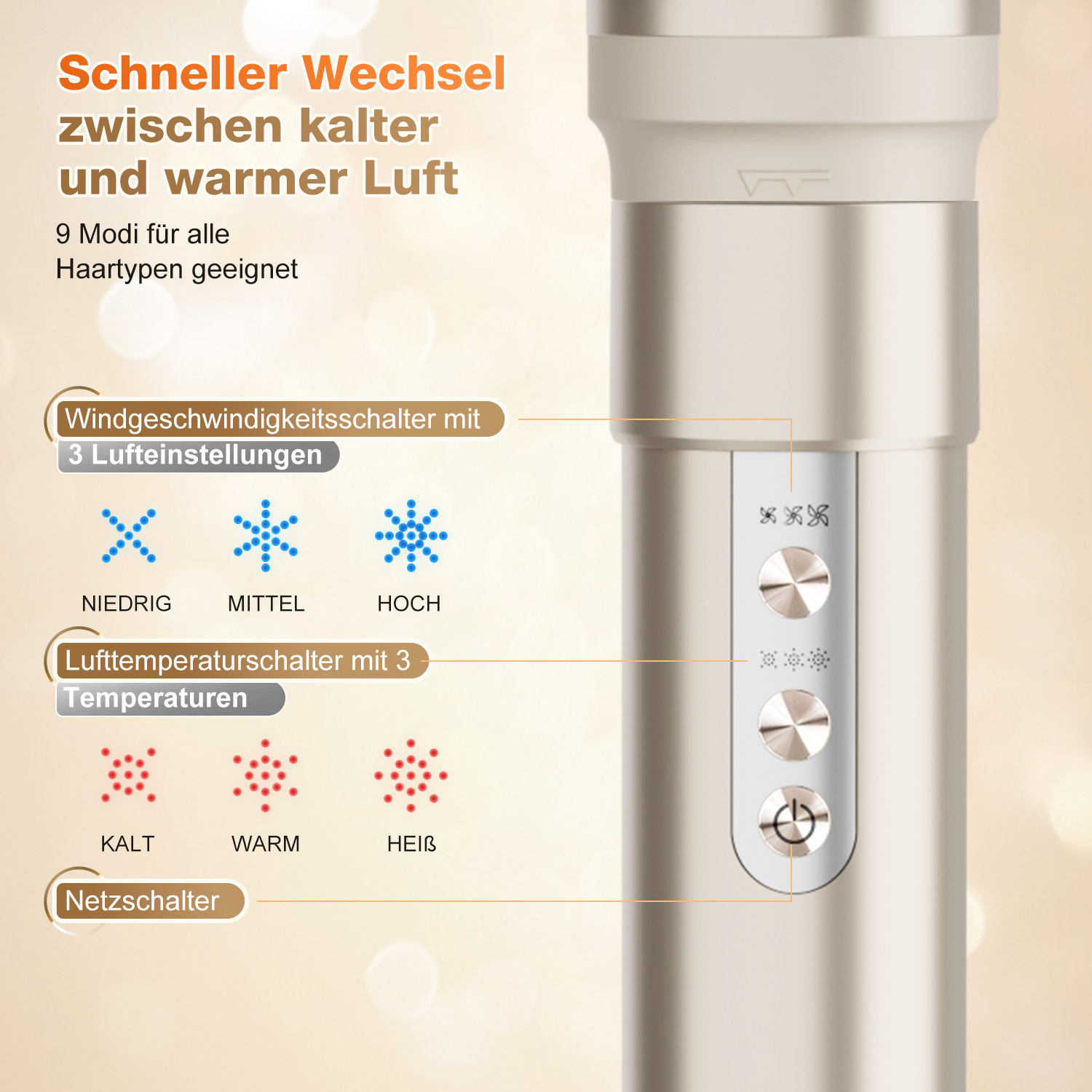 Haarwerkzeug Nahaufnahme mit Knöpfen und Einstellungen. Text auf Deutsch.