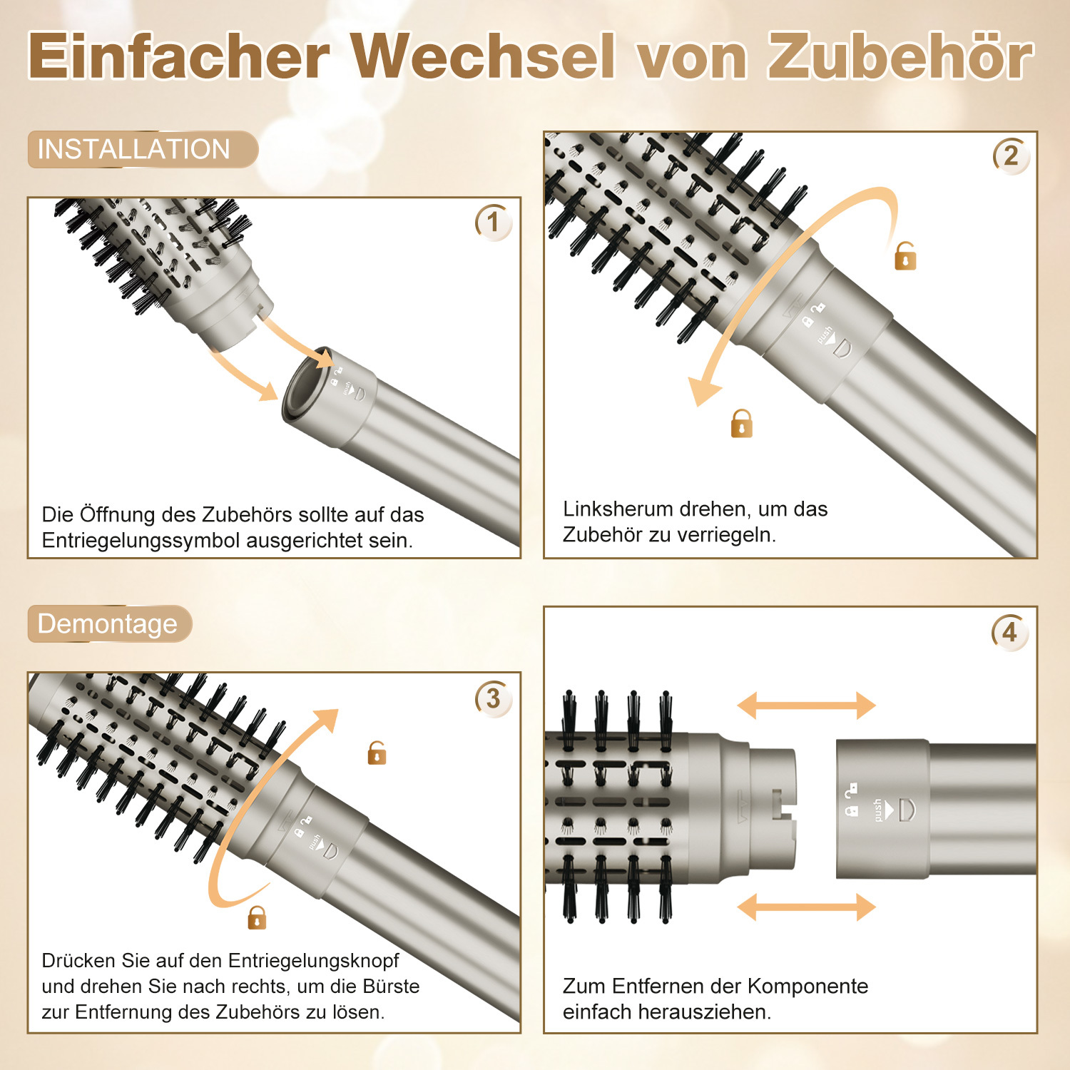 Anweisungen zum Wechseln der Haarwerkzeugaufsätze. Deutscher Text.