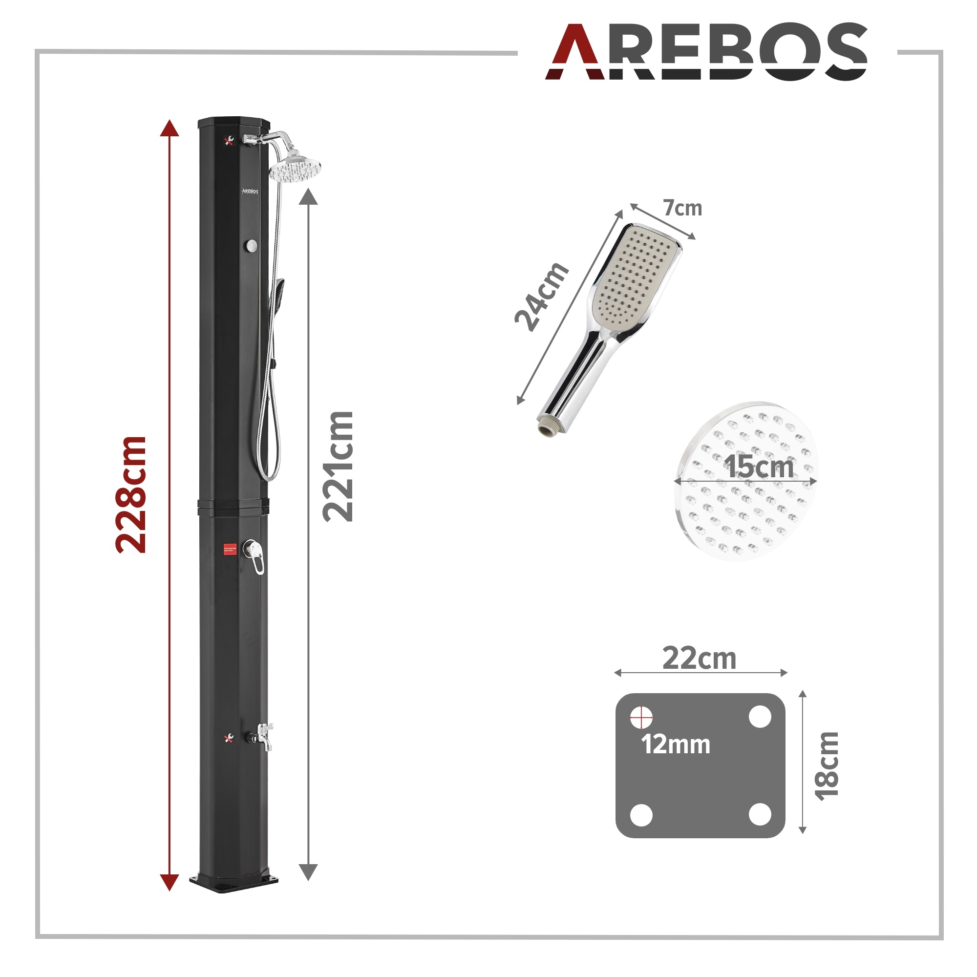 Diagramm einer schwarzen Dusche mit Maßen und Duschkopf. Das AREBOS-Logo befindet sich oben.