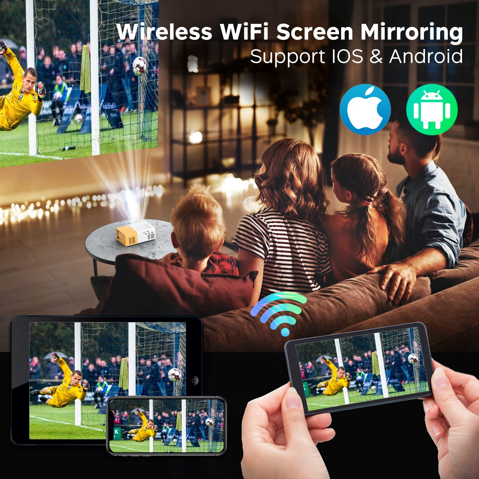Leute schauen ein Fußballspiel auf einem kleinen Projektor, mit Telefon- und Tablet-Ansichten.