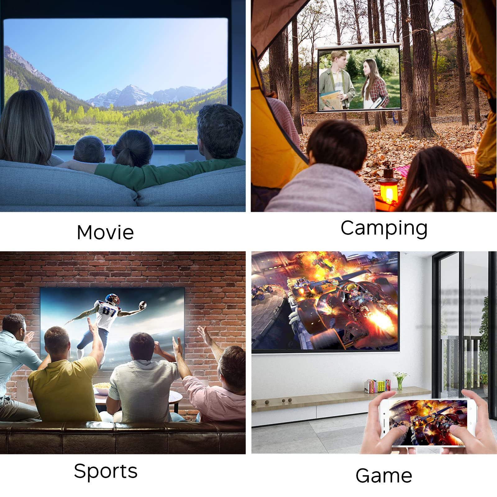 Vier Bilder: Film, Camping, Sport, Spiel. Jedes zeigt Menschen, die Bildschirme mit Inhalten betrachten.