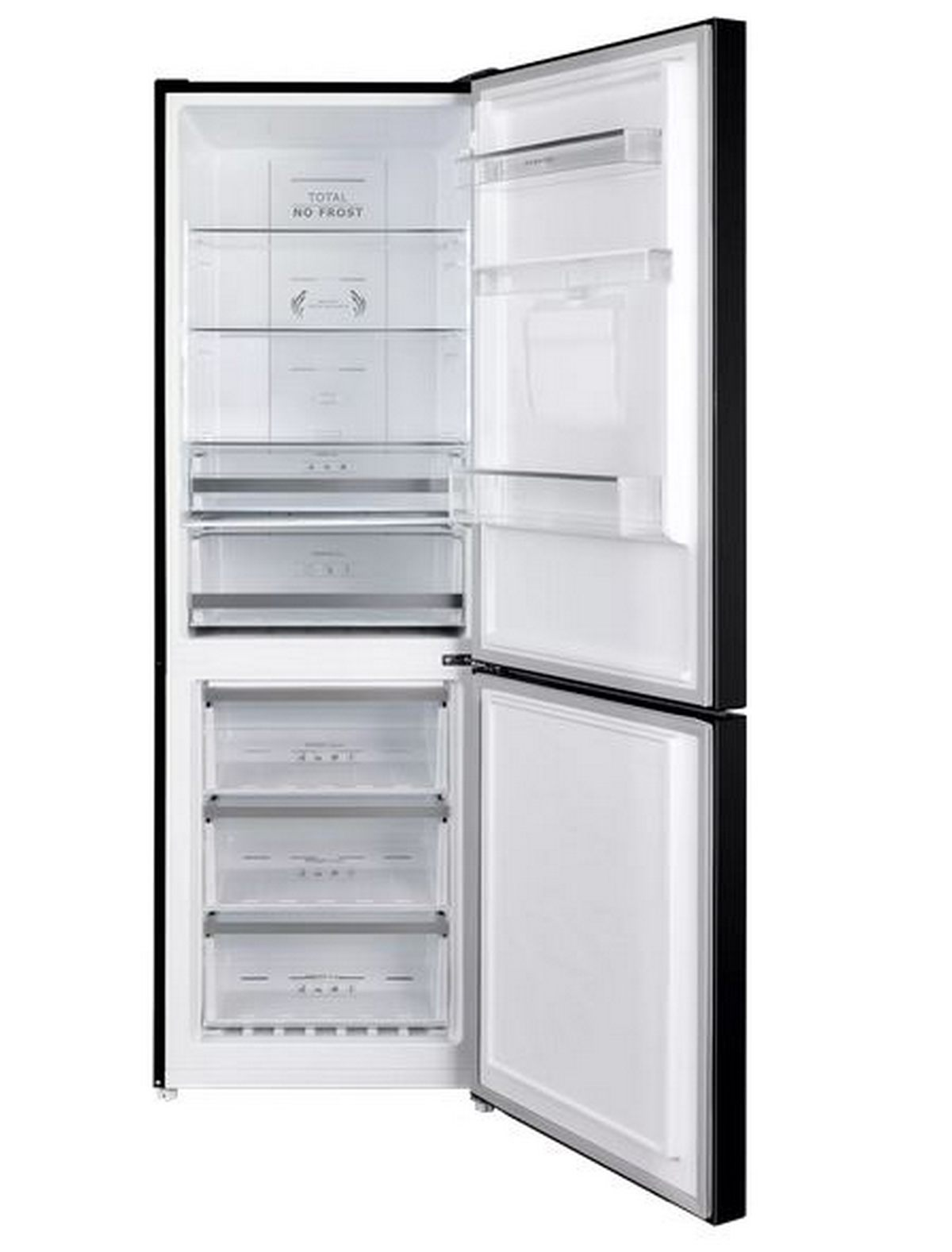 Un refrigerador negro abierto con interior blanco. Se ven estantes, cajones y la etiqueta 'Total No Frost' adentro.