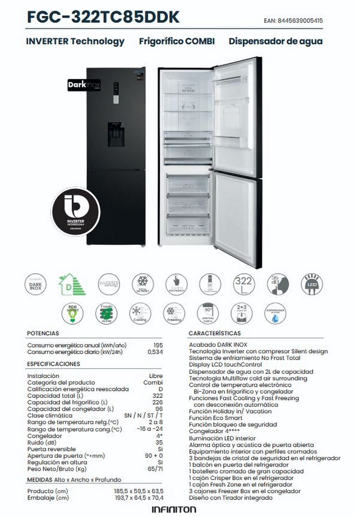 Un refrigerador negro con la puerta abierta mostrando estantes y cajones con una hoja de especificaciones detallada.