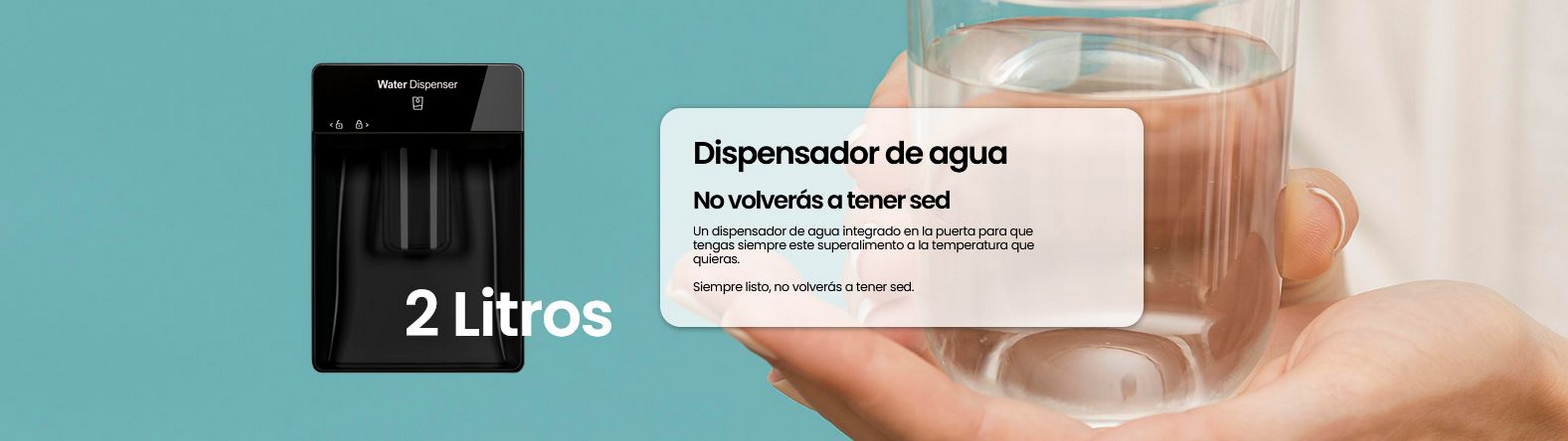 Un dispensador de agua con un vaso. El texto a la izquierda dice '2 Litros'.
