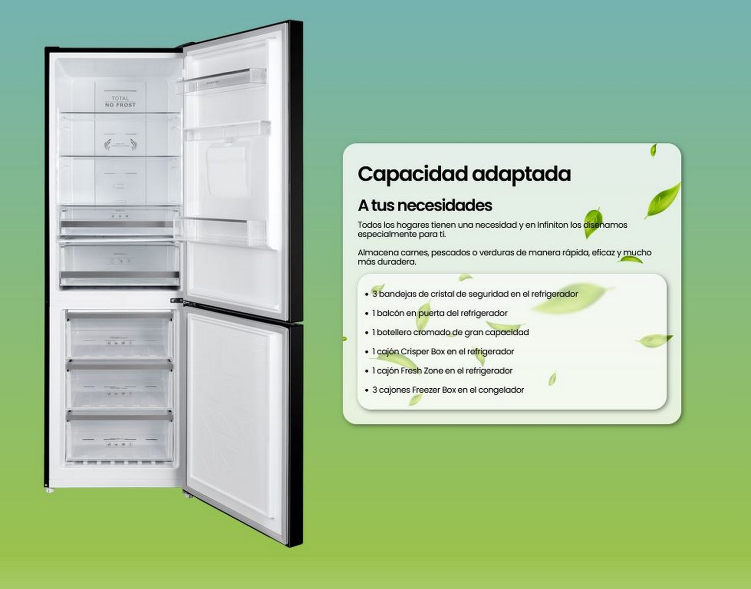 Refrigerador negro con puerta abierta. Estantes, cajones visibles y texto sobre sus características.