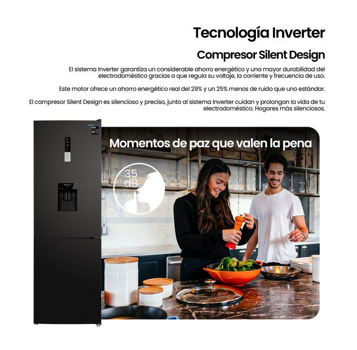 Un refrigerador negro con personas en una cocina. El texto explica la tecnología inverter y el diseño silencioso.