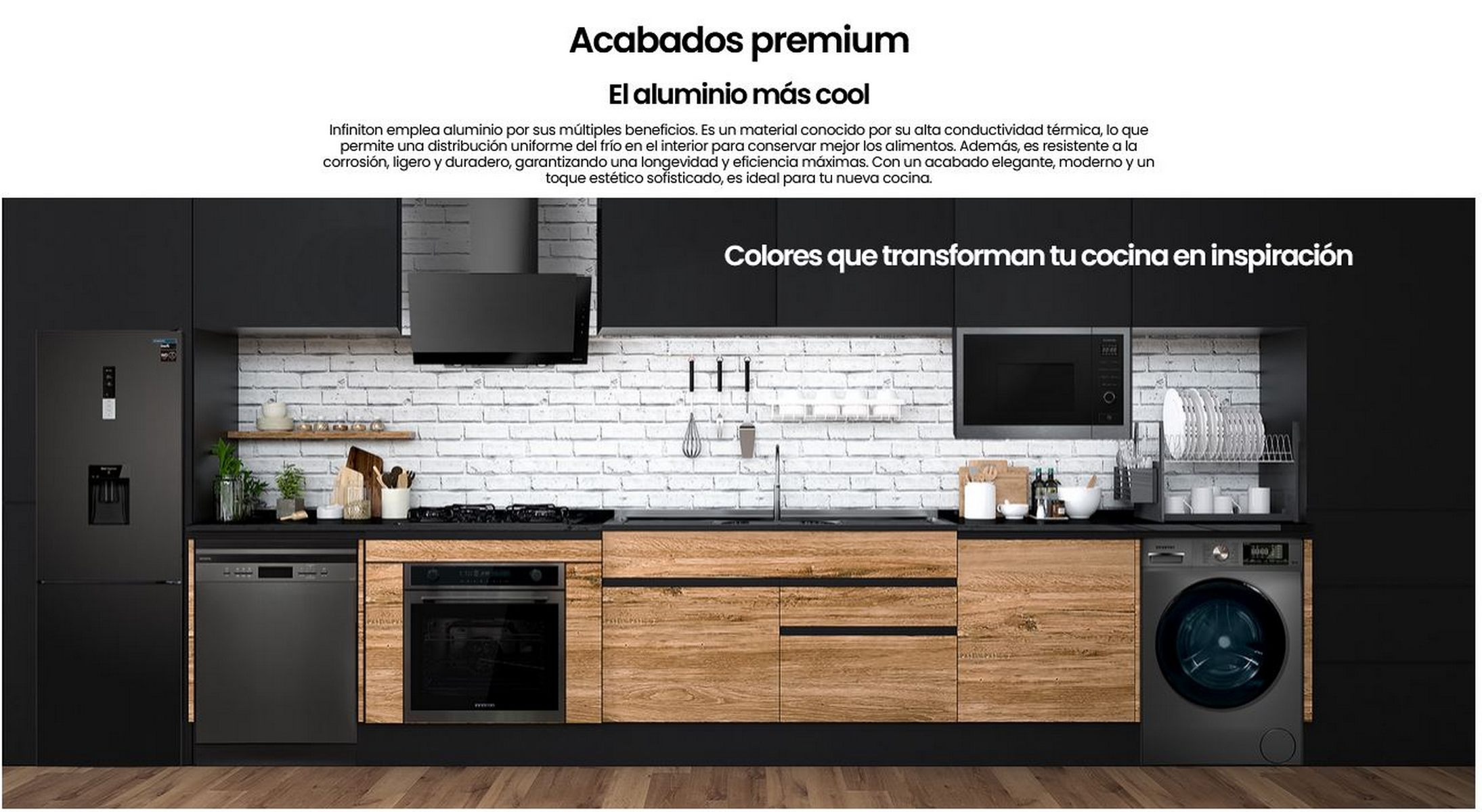 Cocina con electrodomésticos negros, incluyendo refrigerador, horno y lavadora. Gabinetes de madera.