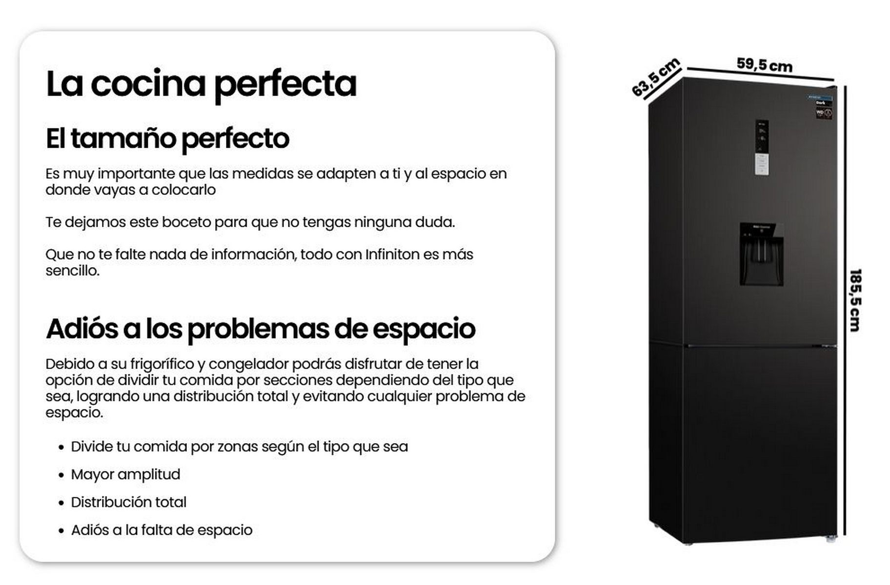 Refrigerador negro con dimensiones. Texto sobre características de ahorro de espacio.