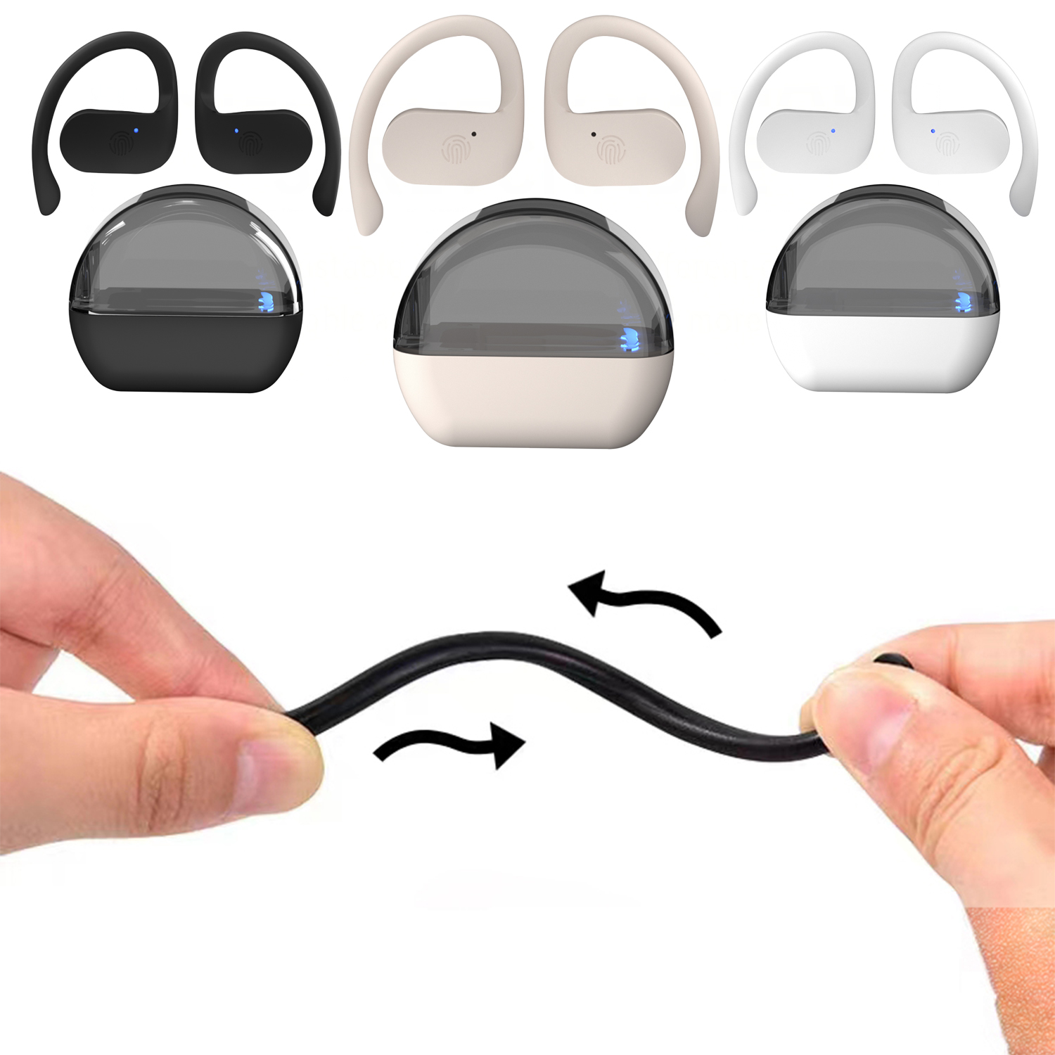 Auricolari in tre colori con un cavo flessibile. La mano allunga il cavo per mostrare la flessibilità.