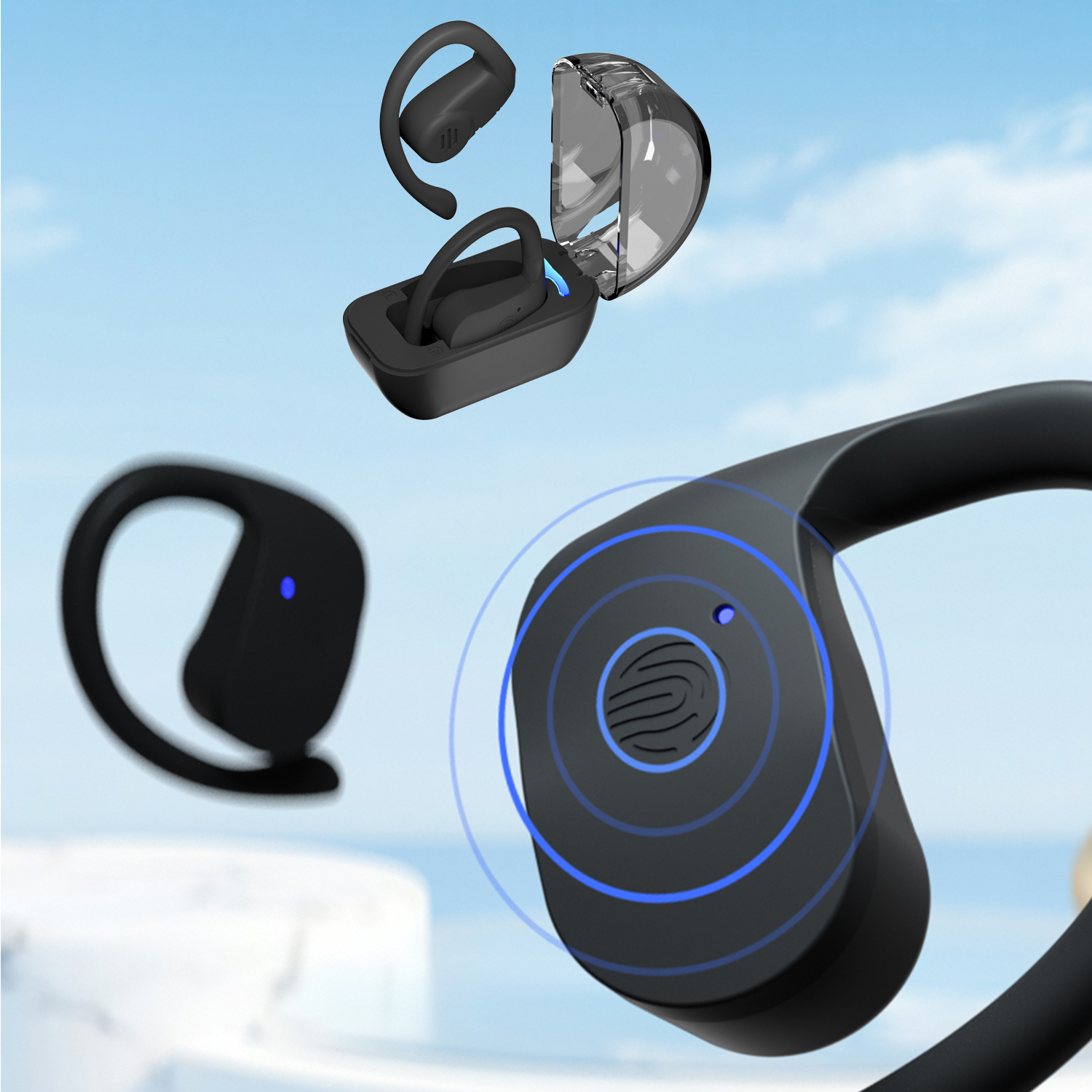 Auricolari wireless neri, custodia di ricarica e ganci per le orecchie su sfondo blu.