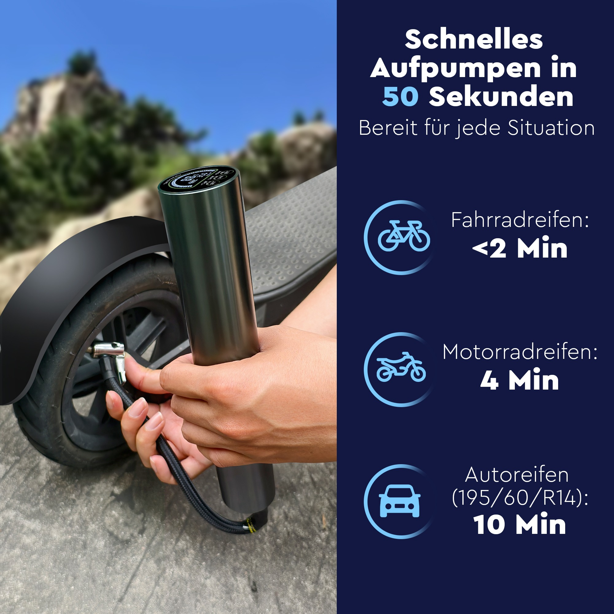 Eine Person pumpt einen Rollerreifen mit einer tragbaren Luftpumpe auf. Text zeigt Aufpumpzeiten für verschiedene Reifen.