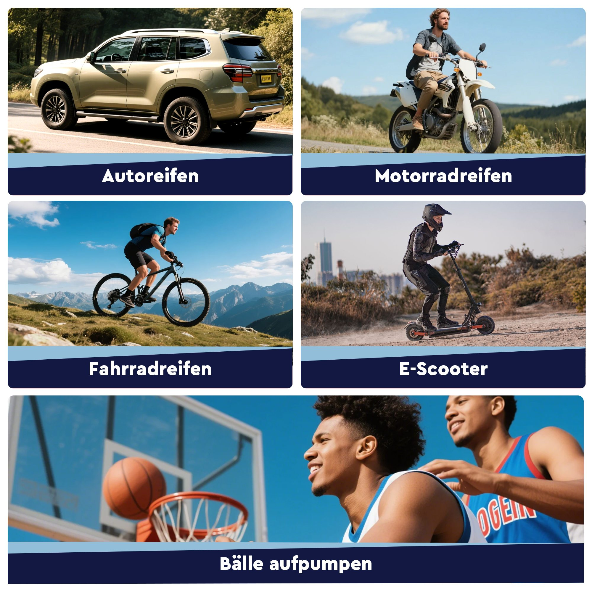 Bilder von Fahrzeugreifen, Motorradreifen, Fahrradreifen, E-Scooter und Basketball werden aufgepumpt.