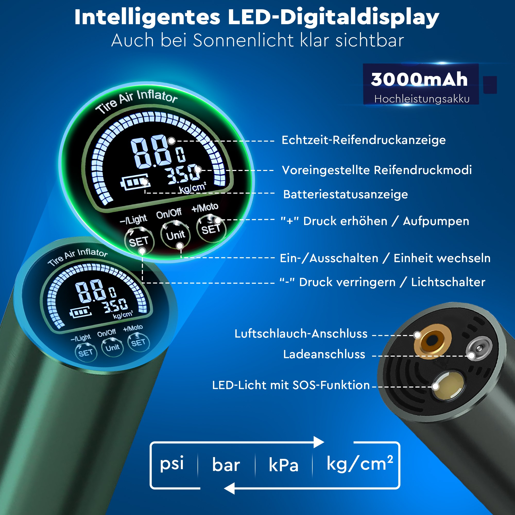 Nahaufnahme eines Reifenfülldruckmessers mit Digitalanzeige, Bedientasten und Beschriftungen.