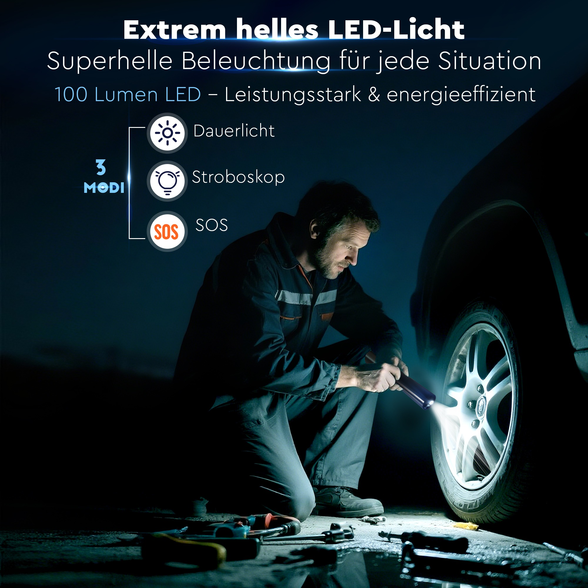 Ein Mechaniker inspiziert mit einer Taschenlampe einen Autoreifen. Die Taschenlampe hat drei Lichtmodi: Dauerlicht, Stroboskop und SOS.