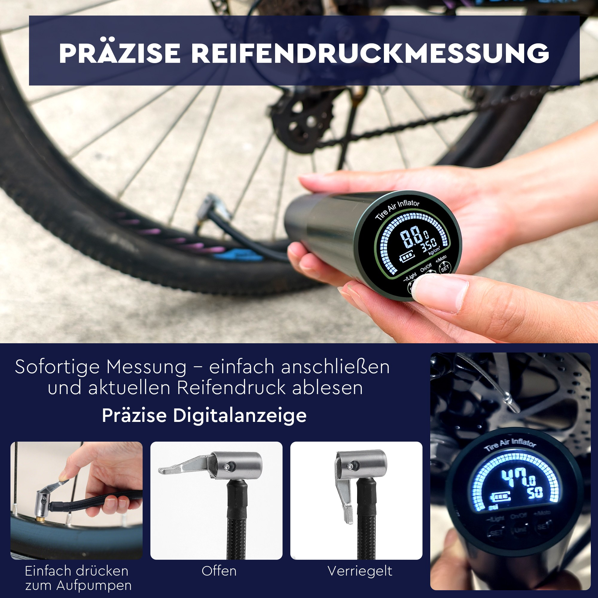 Digitaler Reifenfüller zeigt den Druck an. Bilder zeigen die Verwendung des Füllers und die Reifendruckanzeige.