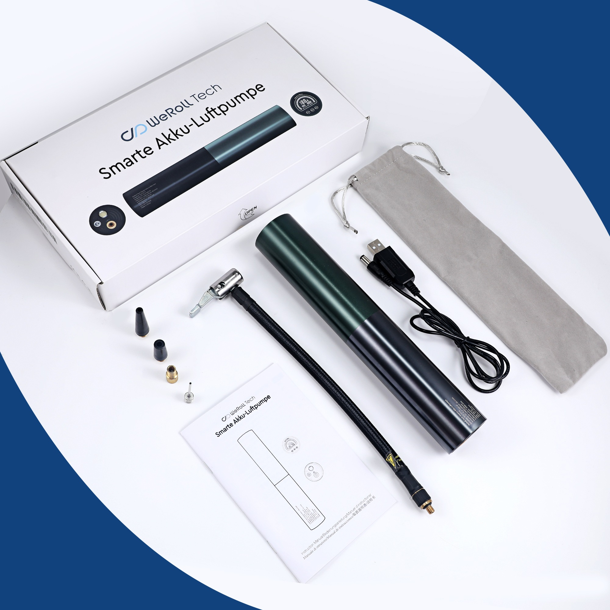 Ein Luftpumpen-Kit mit Zubehör. Enthält eine Box, Pumpe, Schlauch, Düsen und ein USB-Kabel auf weißer Oberfläche.