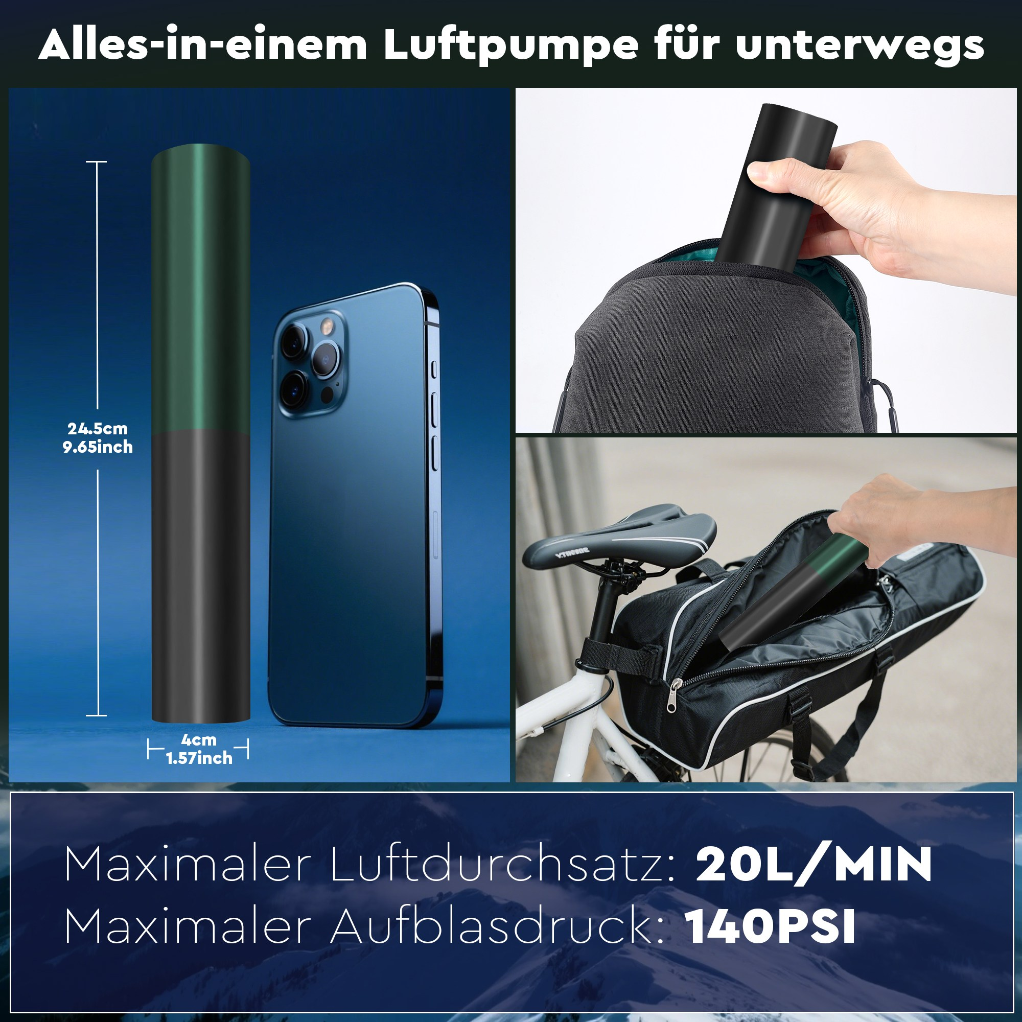 Eine Luftpumpe, ein Telefon und ein Rucksack. Die Pumpe ist grün und schwarz. Das Telefon ist blau. Abmessungen und Funktionen werden gezeigt.