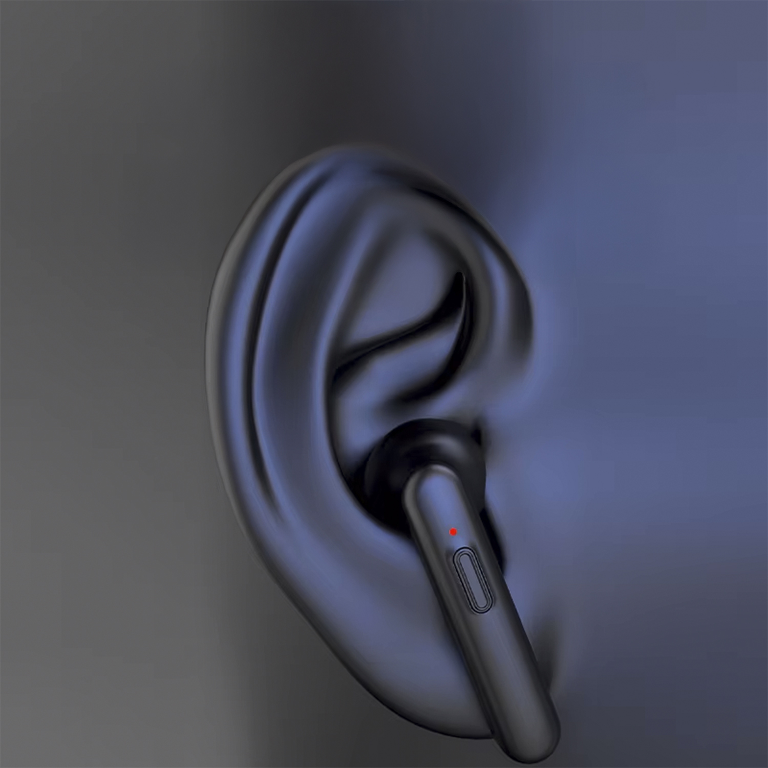 Un auricolare nero con una luce rossa è in un orecchio. L'orecchio è un modello liscio con tonalità blu, su sfondo grigio.