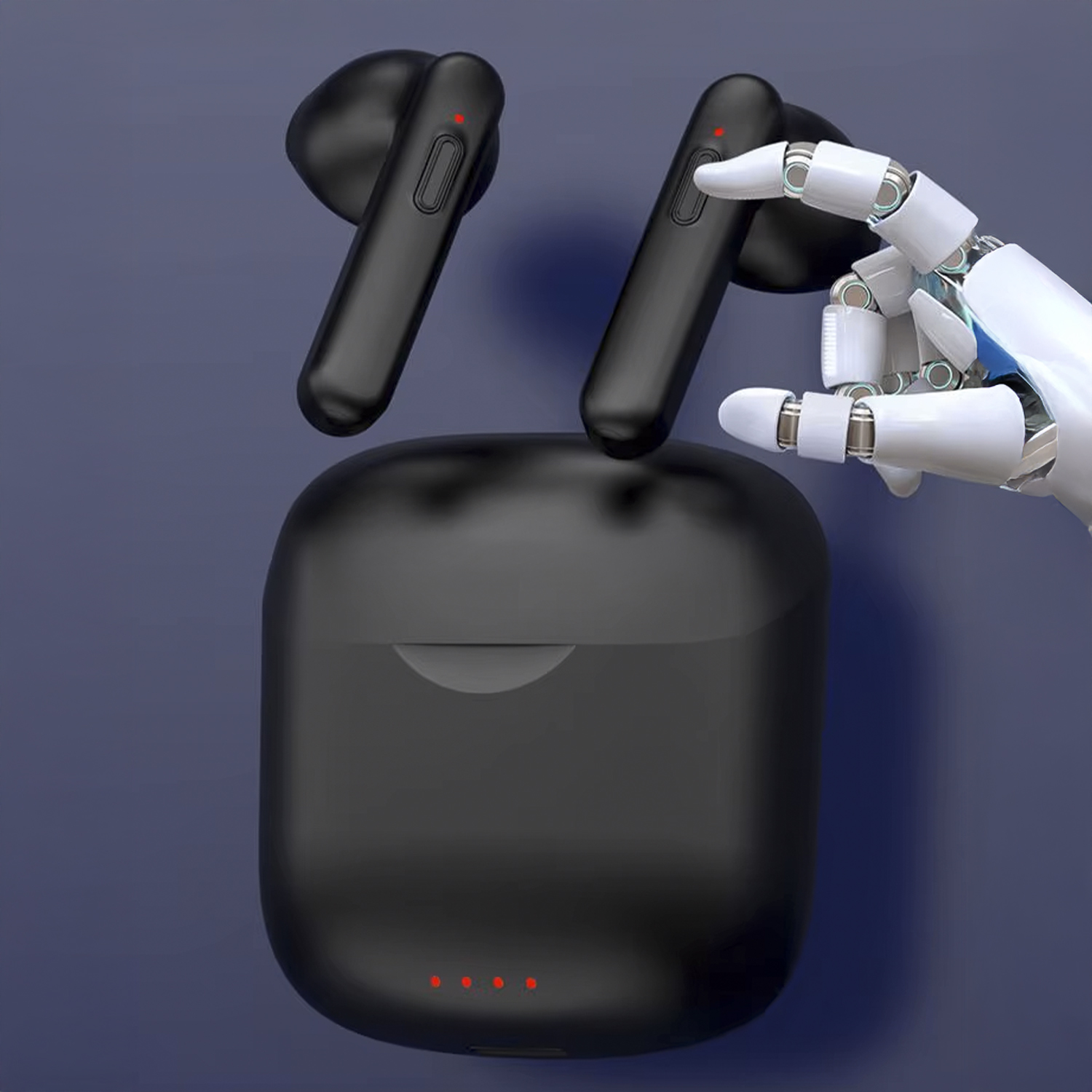 Auricolari neri e custodia di ricarica con spie rosse. Una mano robotica tiene gli auricolari.