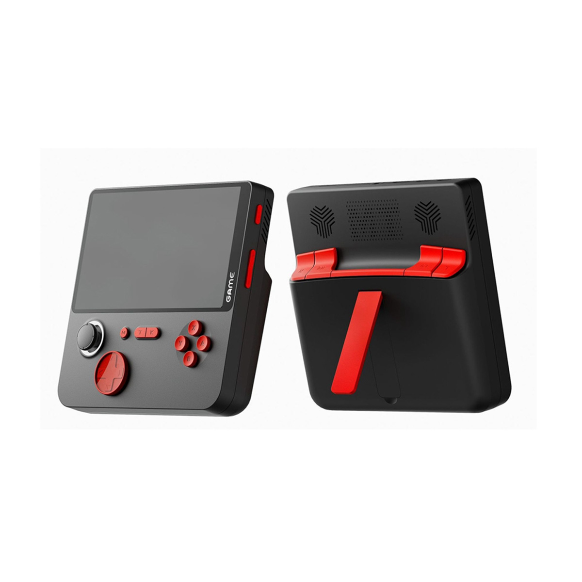 Dos vistas de una consola de juegos portátil negra y roja. Botones, pantalla y detalles del diseño visibles.