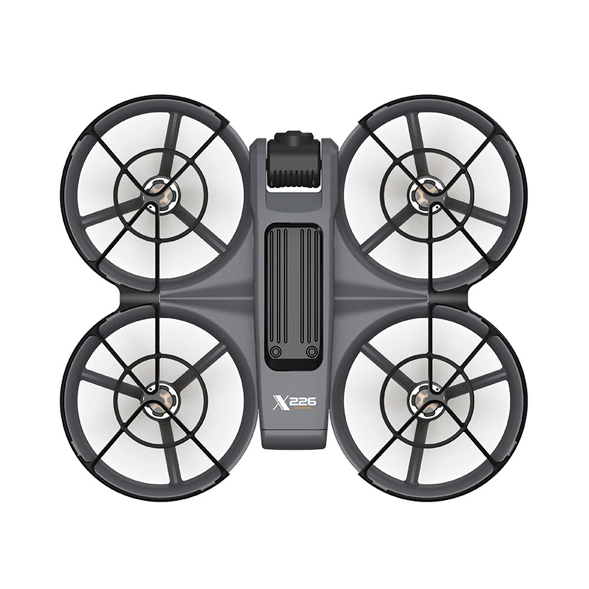Dron con cuatro hélices y anillos protectores. Color gris y fondo blanco.