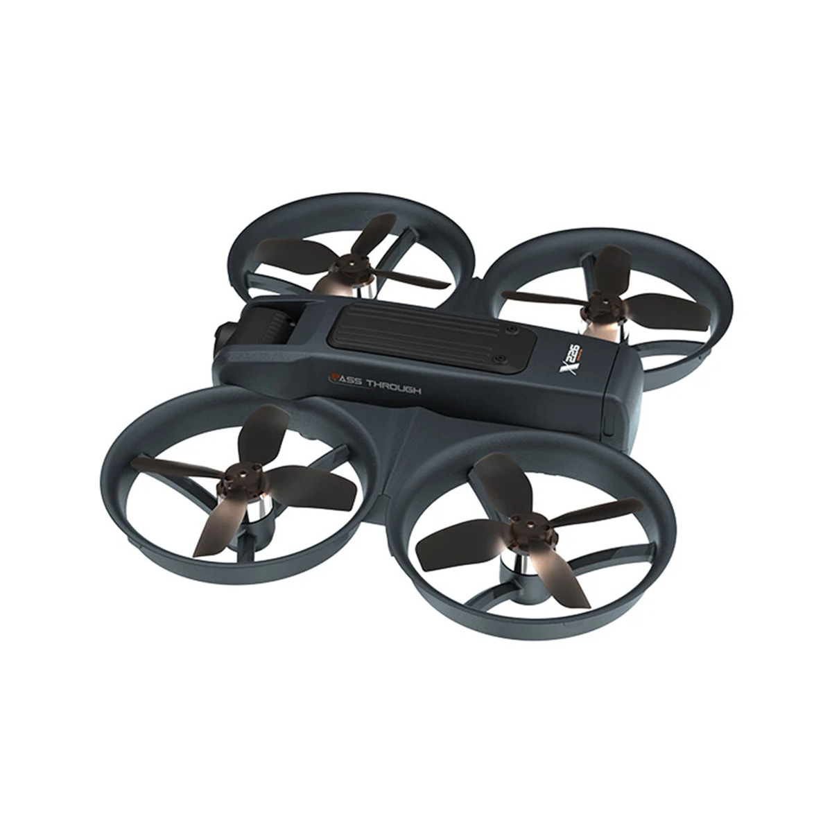 Dron con cuatro hélices y anillos protectores. Cuerpo gris sobre fondo blanco.