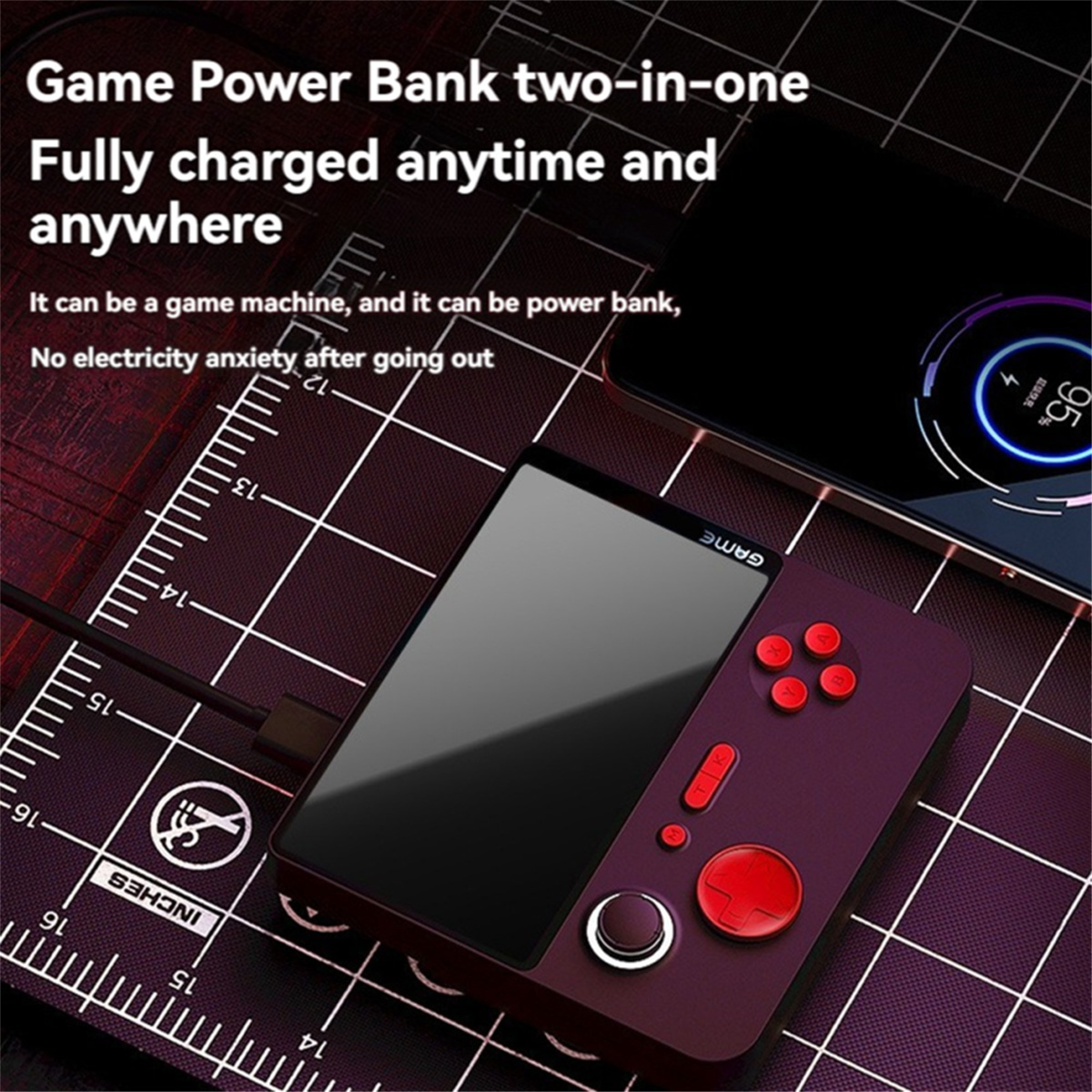 Consola de juegos con pantalla y botones rojos. Smartphone visible a la derecha.