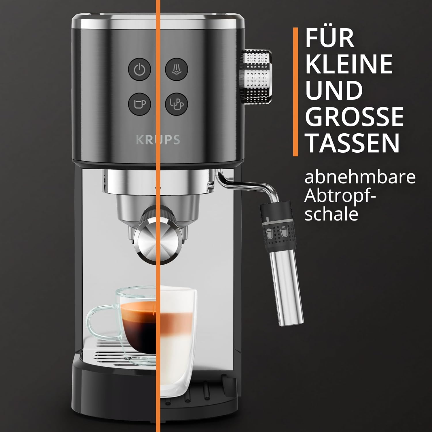 Macchina per caffè espresso con una tazza di caffè. Testo: PER TAZZE PICCOLE E GRANDI. Vassoio raccogli gocce rimovibile.