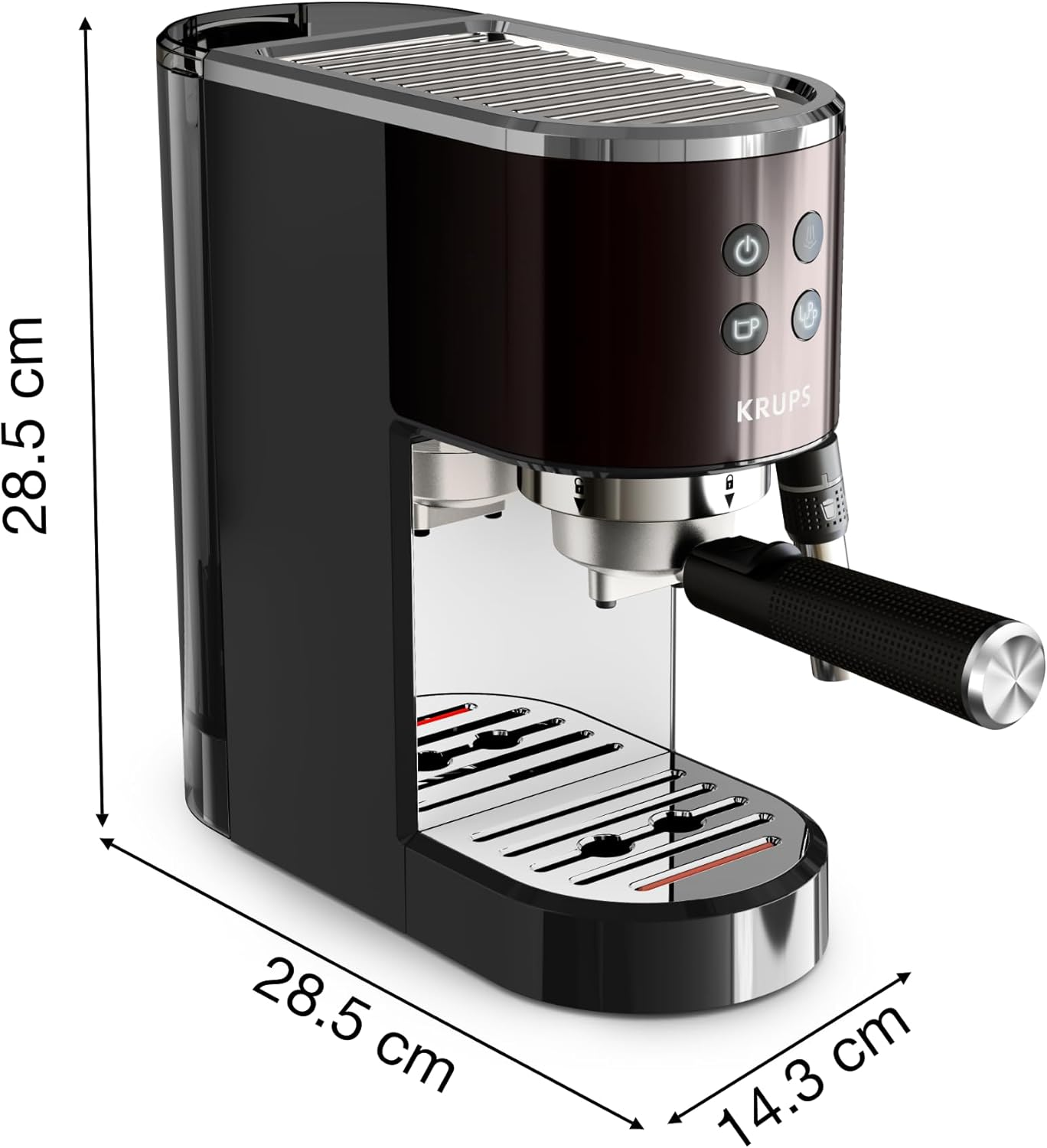 Una macchina per espresso nera. Dimensioni: 28,5 cm x 28,5 cm x 14,3 cm.