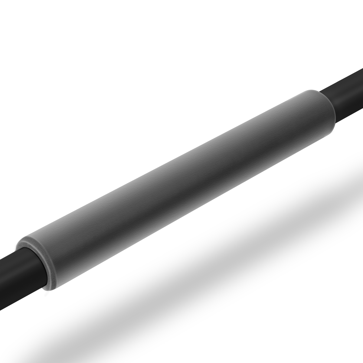 Un cable negro con una funda de goma gris y cilíndrica en el centro, sobre un fondo blanco.