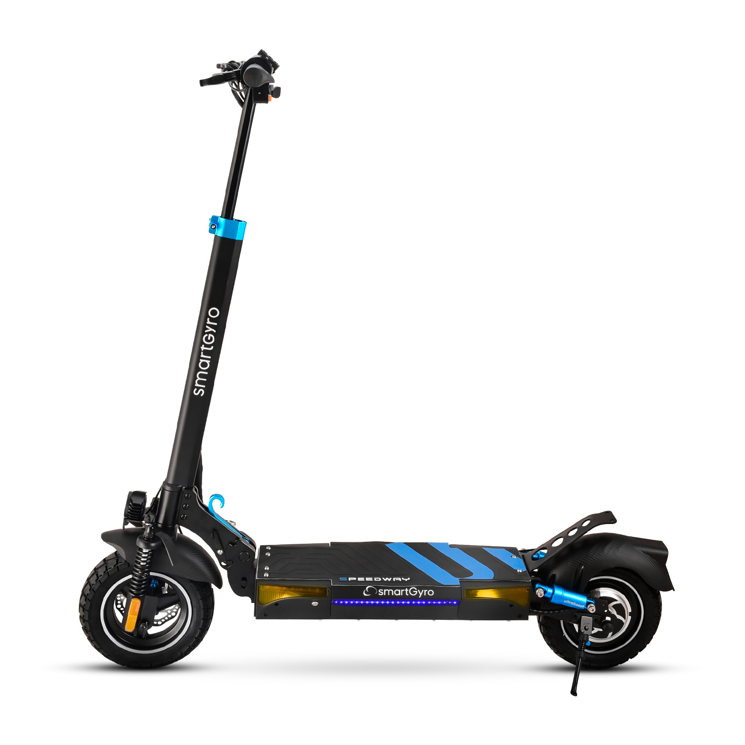 Scooter eléctrico negro con detalles azules sobre fondo blanco. Con faro y pata de apoyo.