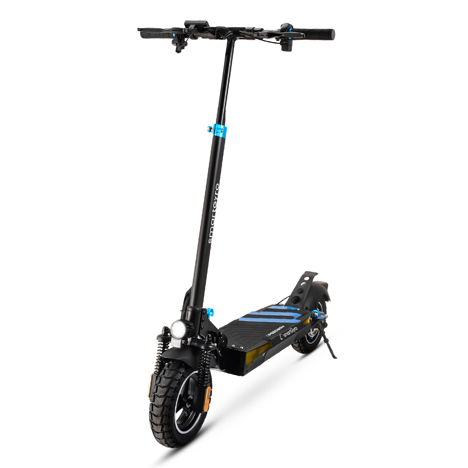 Scooter eléctrico SmartGyro negro sobre blanco. Con faro delantero, neumáticos negros y detalles azules.