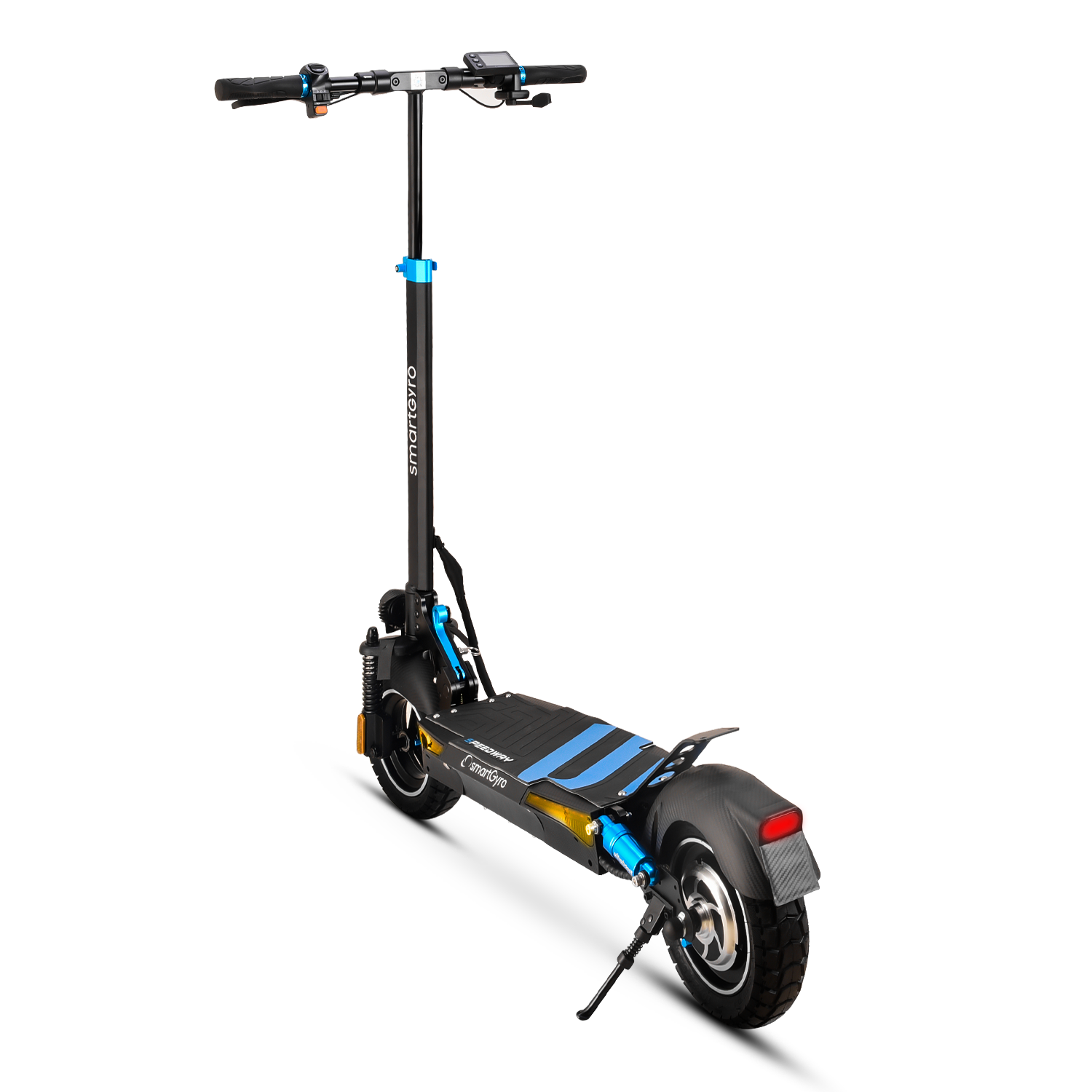 Vista trasera de un scooter eléctrico negro con detalles azules. Con pata de apoyo y luz trasera.