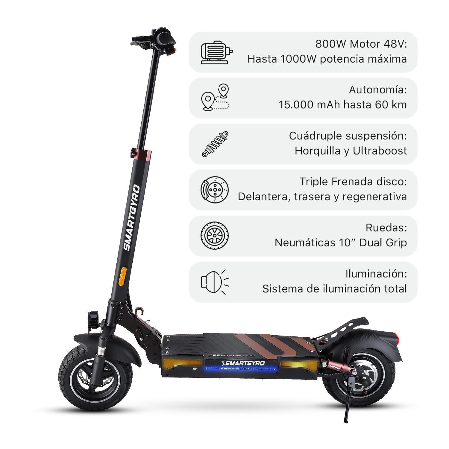 Un patinete eléctrico con especificaciones escritas sobre un fondo blanco. El logotipo de Smartgyro es visible.