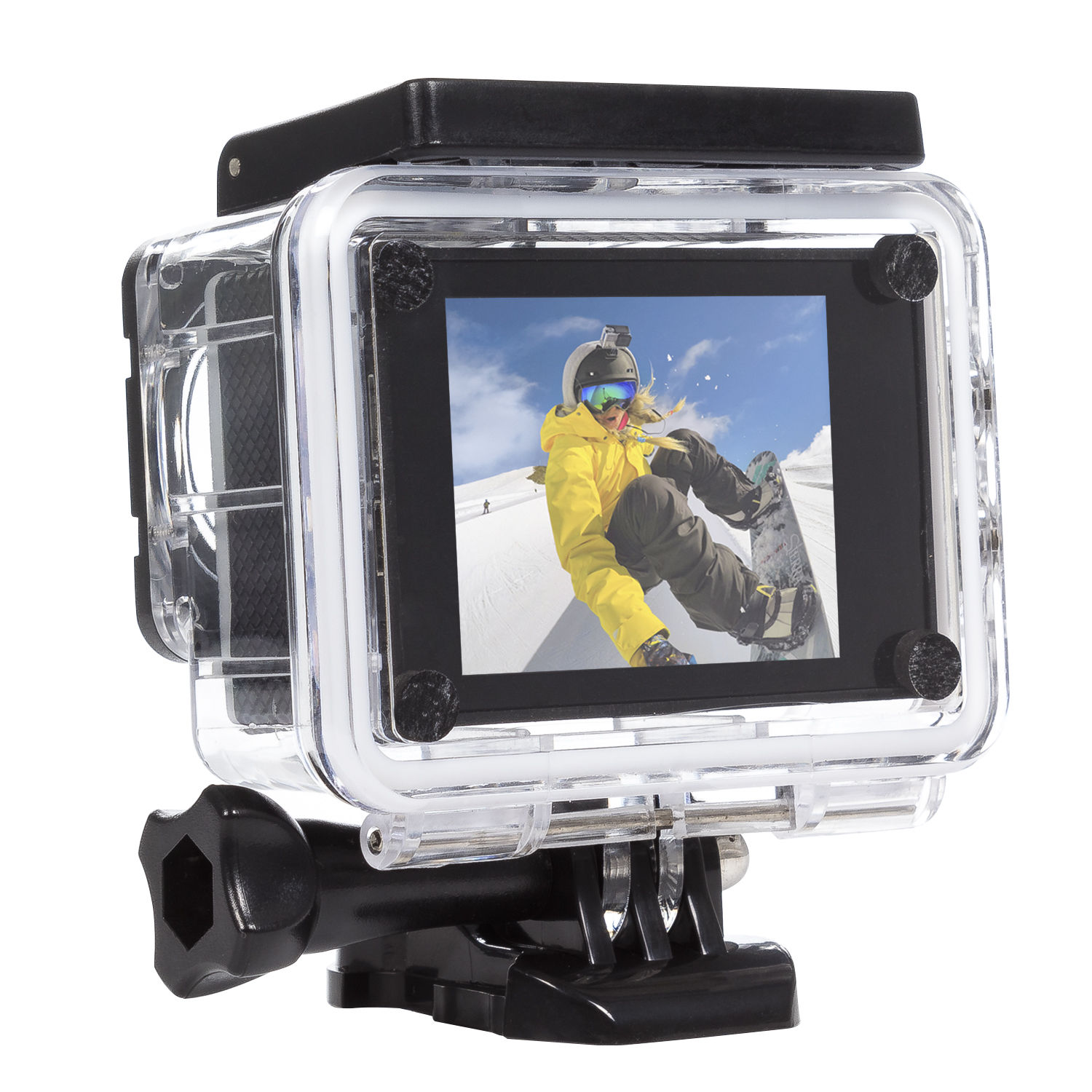 Carcasa de cámara impermeable transparente con una pantalla que muestra a un snowboarder en una montaña.