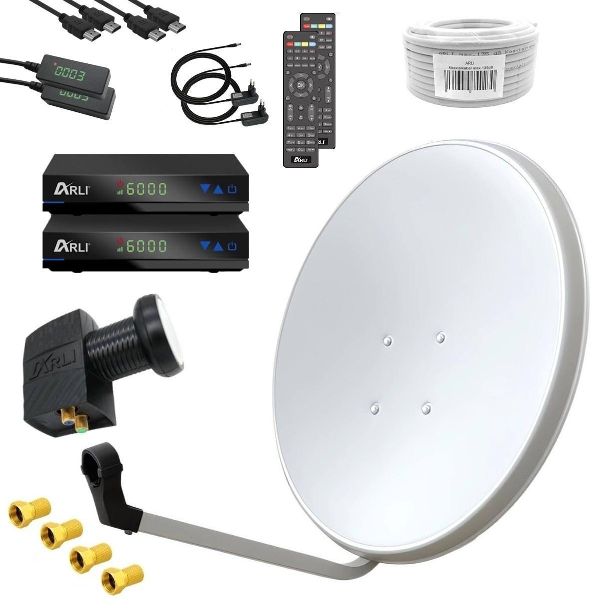 Verschiedene Satelliten-TV-Geräte: Receiver, eine Schüssel, Kabel, Fernbedienung und Anschlüsse.