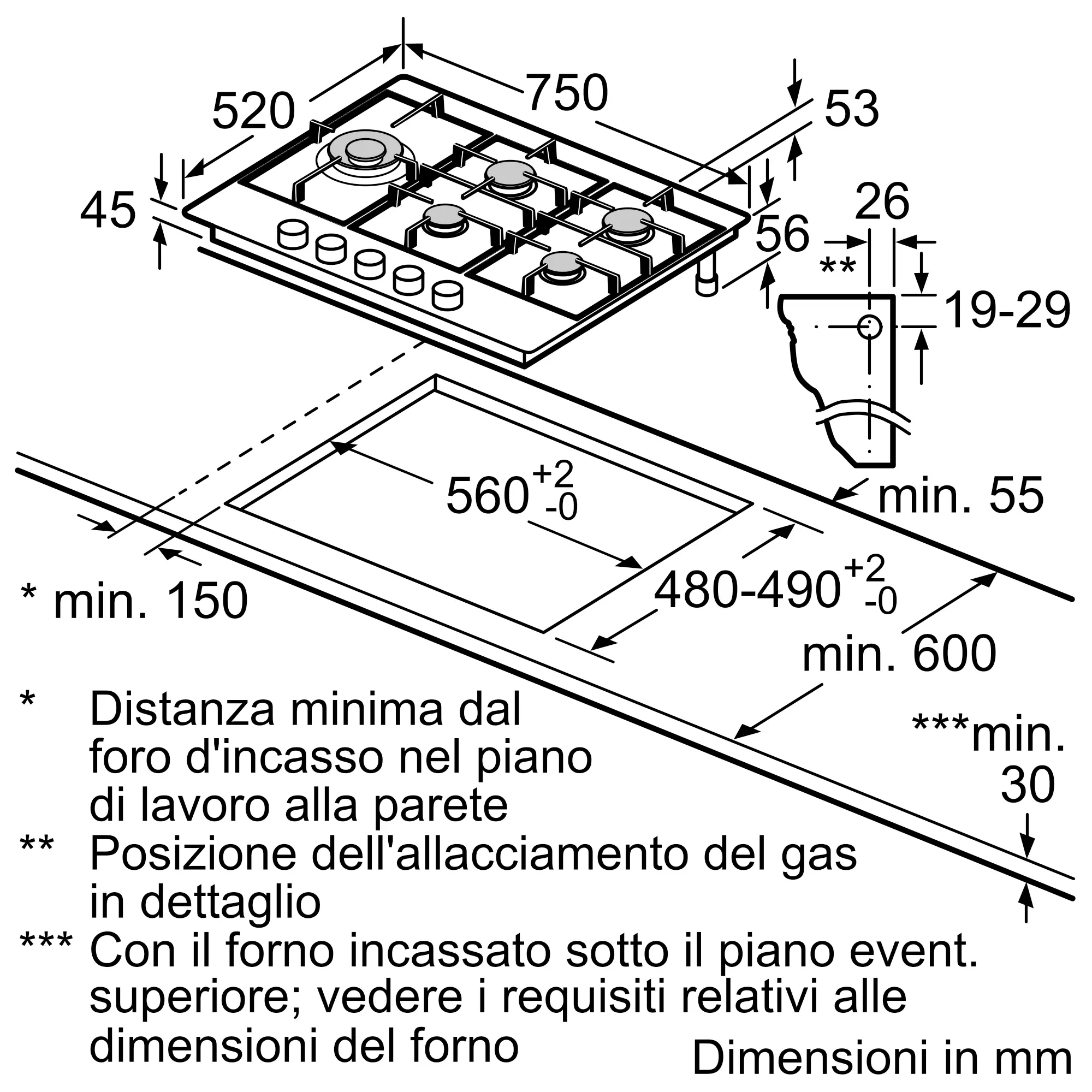 Schema di un fornello a gas, incluse dimensioni ed etichette in italiano. Vista dall'alto con bruciatori e manopole.