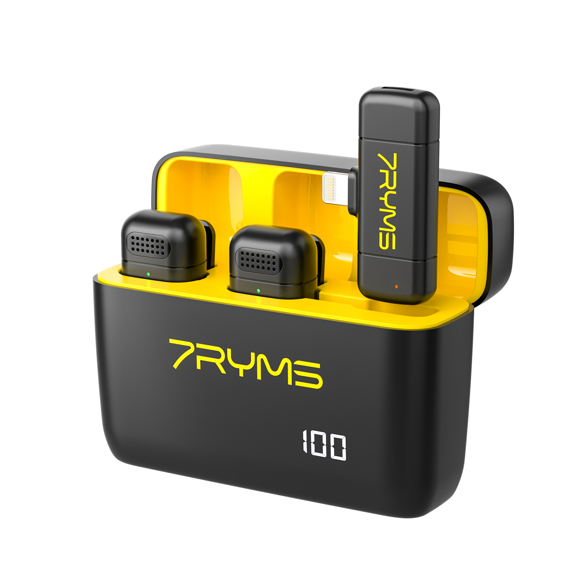 Zwarte en gele 7RYMS microfoonset. Inclusief twee microfoons, een ontvanger en een oplaadcase met digitaal display.