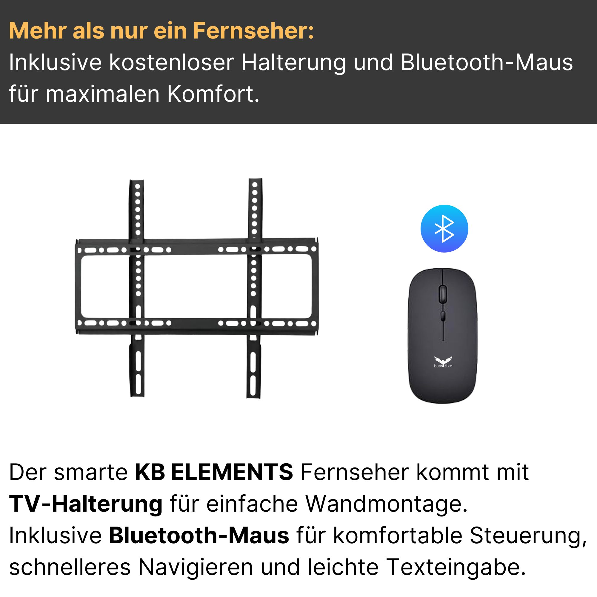 Schwarze TV-Halterung und Maus mit Bluetooth-Symbol. Text: TV-Halterung inklusive.