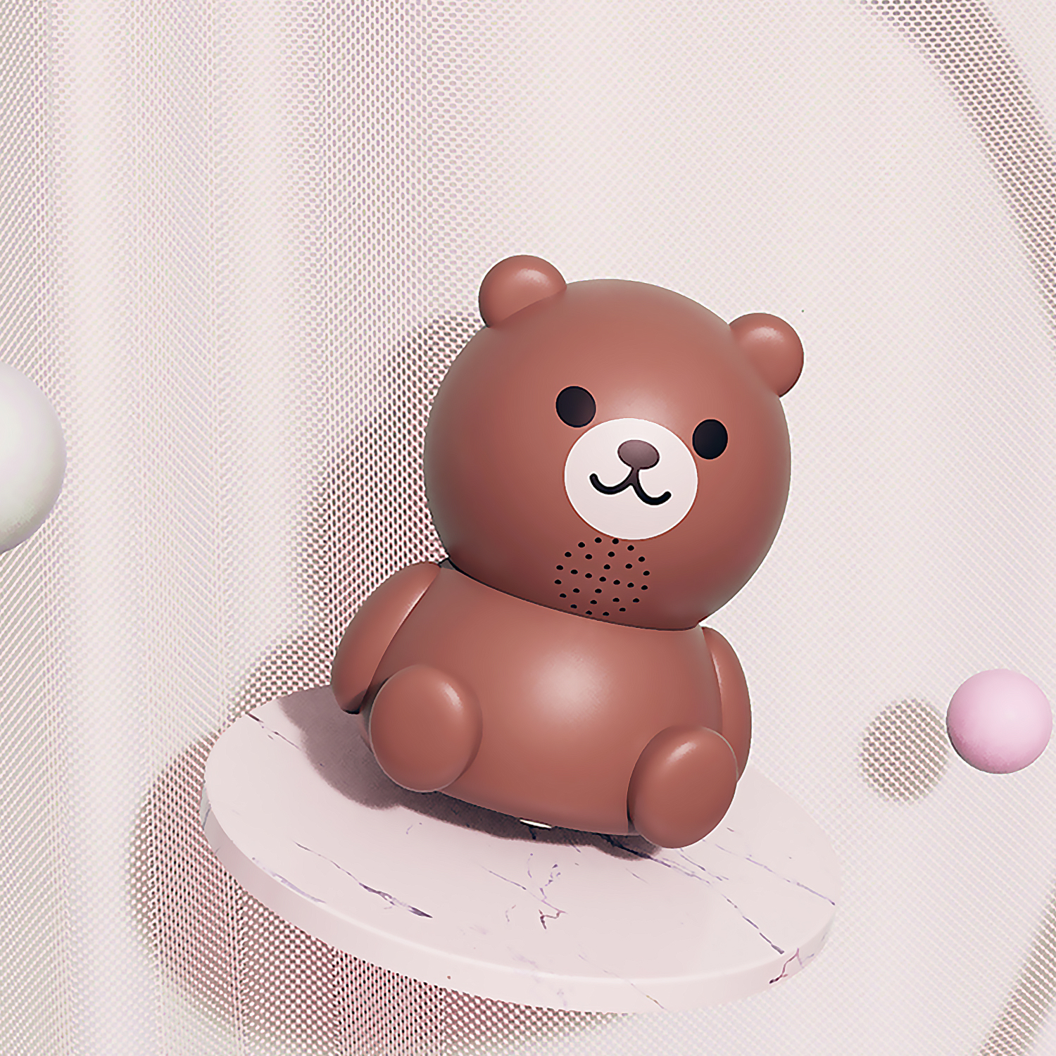 Oso de peluche marrón sobre una plataforma de mármol rosa. Bolas rosas y blancas en el fondo rosa suave.