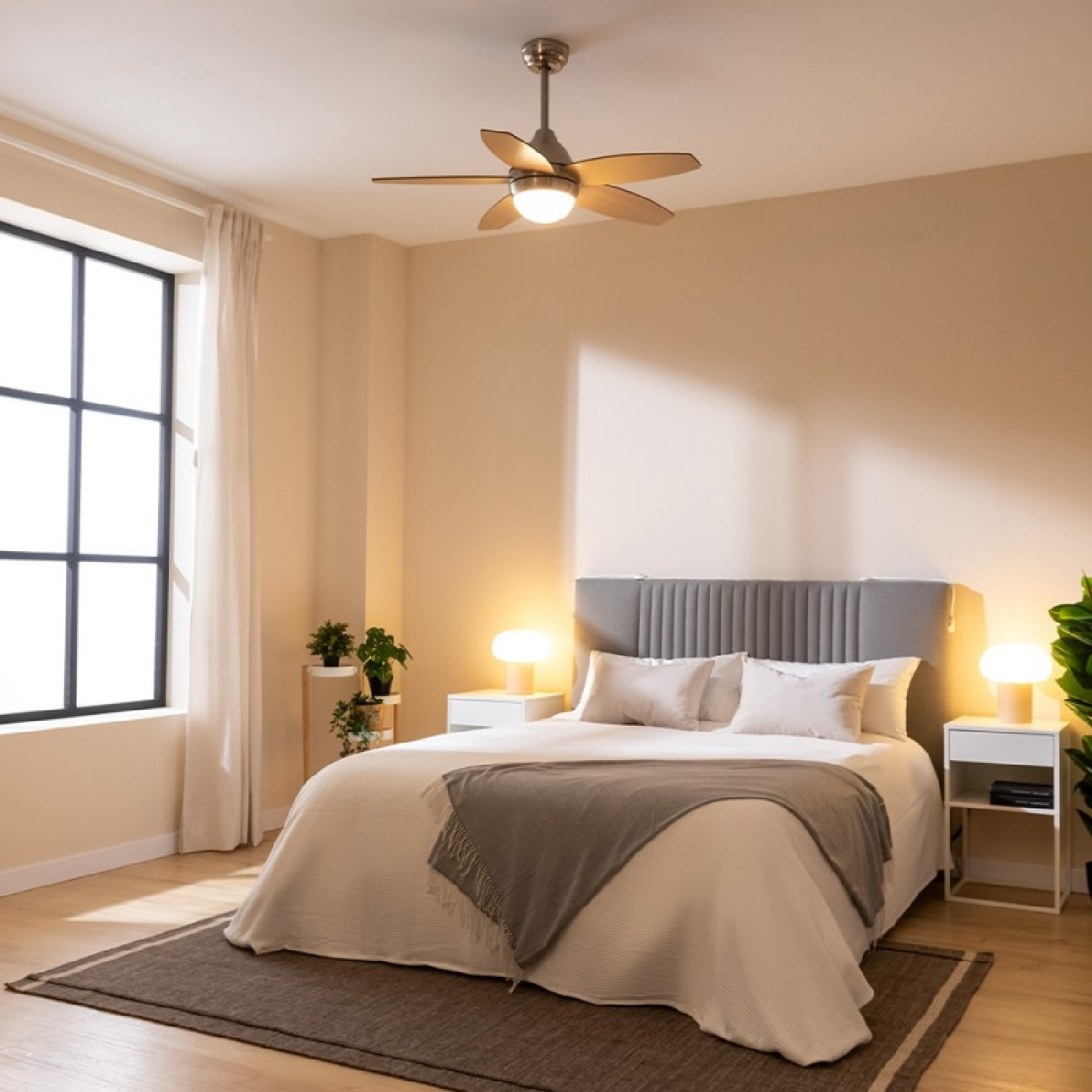 Sypialnia z łóżkiem, stolikami nocnymi, lampami, roślinami, oknem i wentylatorem sufitowym. Beżowe ściany, drewniana podłoga i szary dywan.