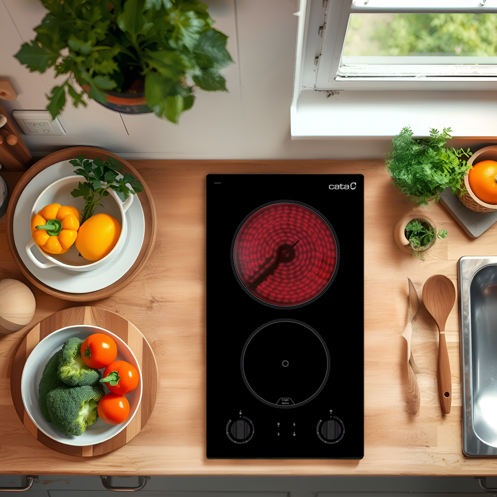 Vista cenital de una placa de cocina negra con dos quemadores rojos, rodeada de comida y utensilios de cocina.