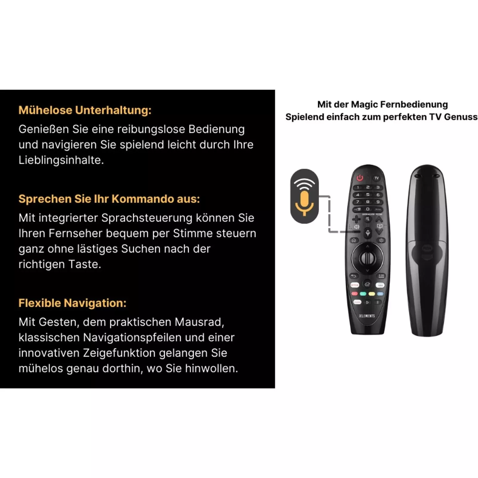 Zwei schwarze Fernbedienungen mit Text, einem Mikrofon und Navigationselementen.