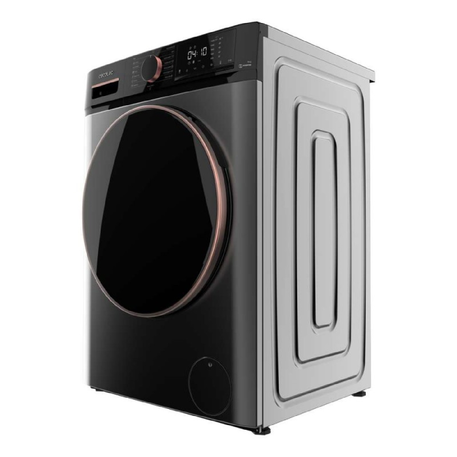 Czarna pralka, z dużymi okrągłymi drzwiami i panelem sterowania na górze. Projekt zawiera metaliczne akcenty.