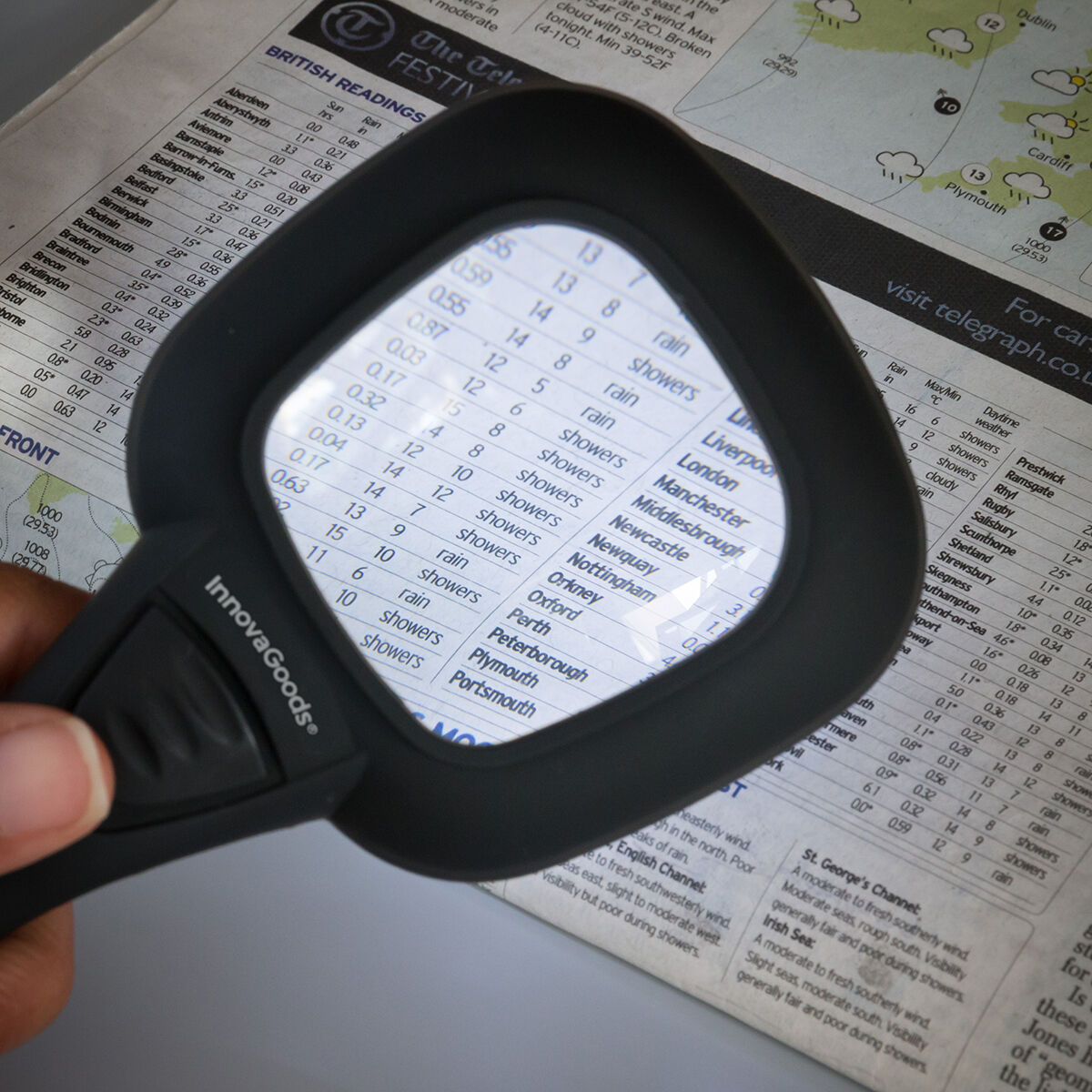 Una lupa sobre un periódico, que muestra detalles del clima, y una mano sosteniendo el cristal.