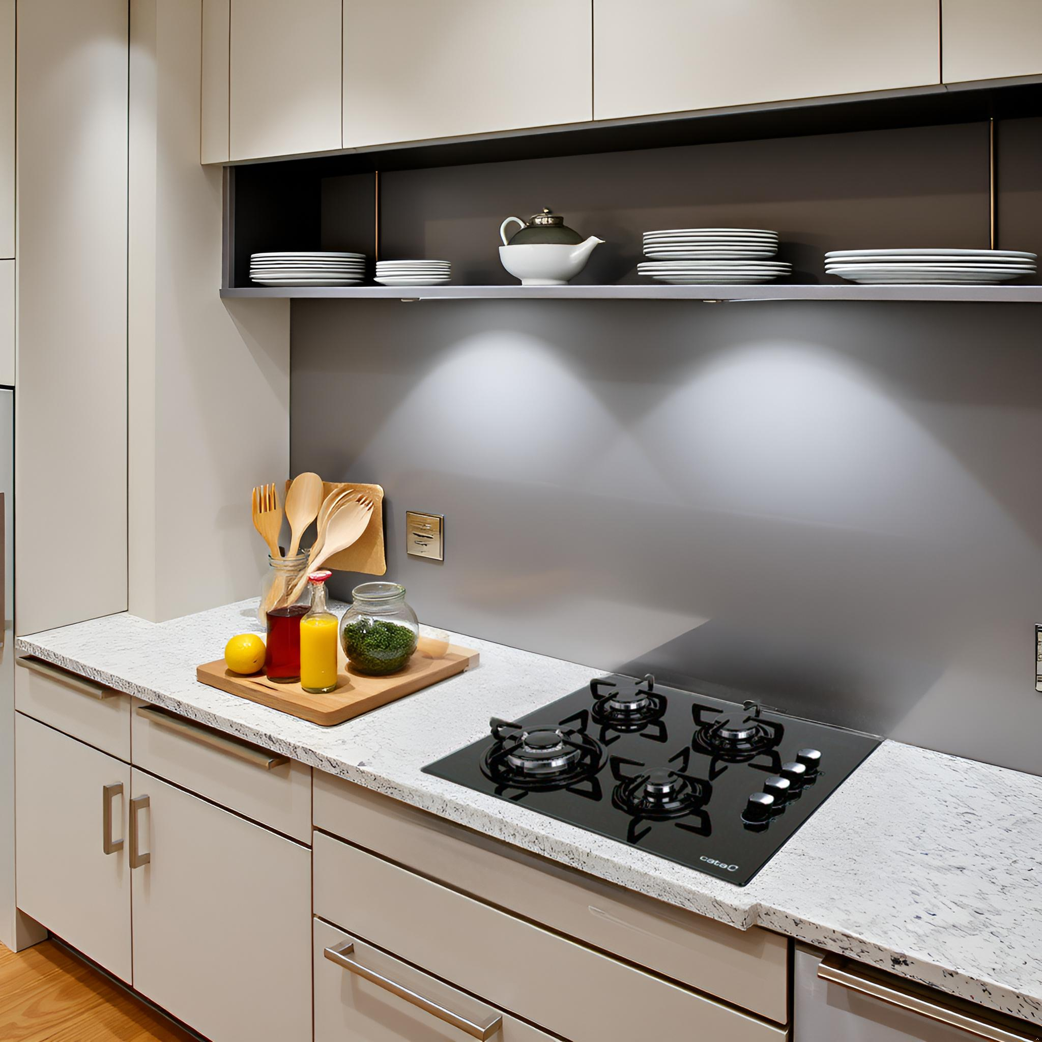 Nowoczesna kuchnia z czarną kuchenką gazową na białym blacie. Drewniana taca zawiera owoce, przybory i płyny.