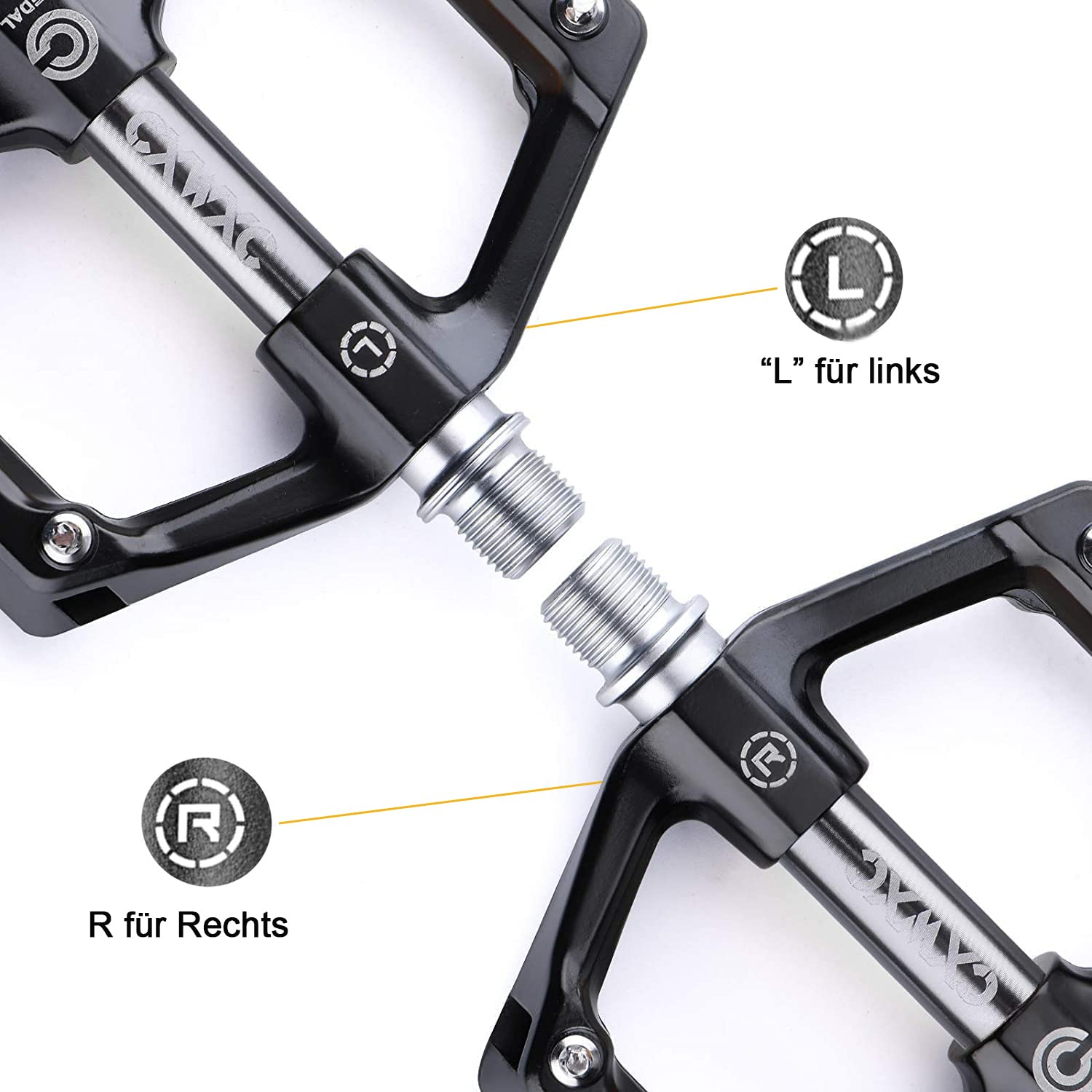 Zwei schwarze Fahrradpedale mit silbernem Gewinde sind abgebildet, die R für Rechts und L für Links anzeigen.