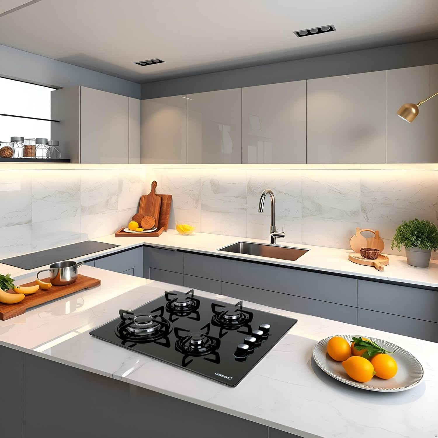 Jasna, nowoczesna kuchnia z elegancką kuchenką gazową, białymi blatami i minimalistycznym wystrojem.